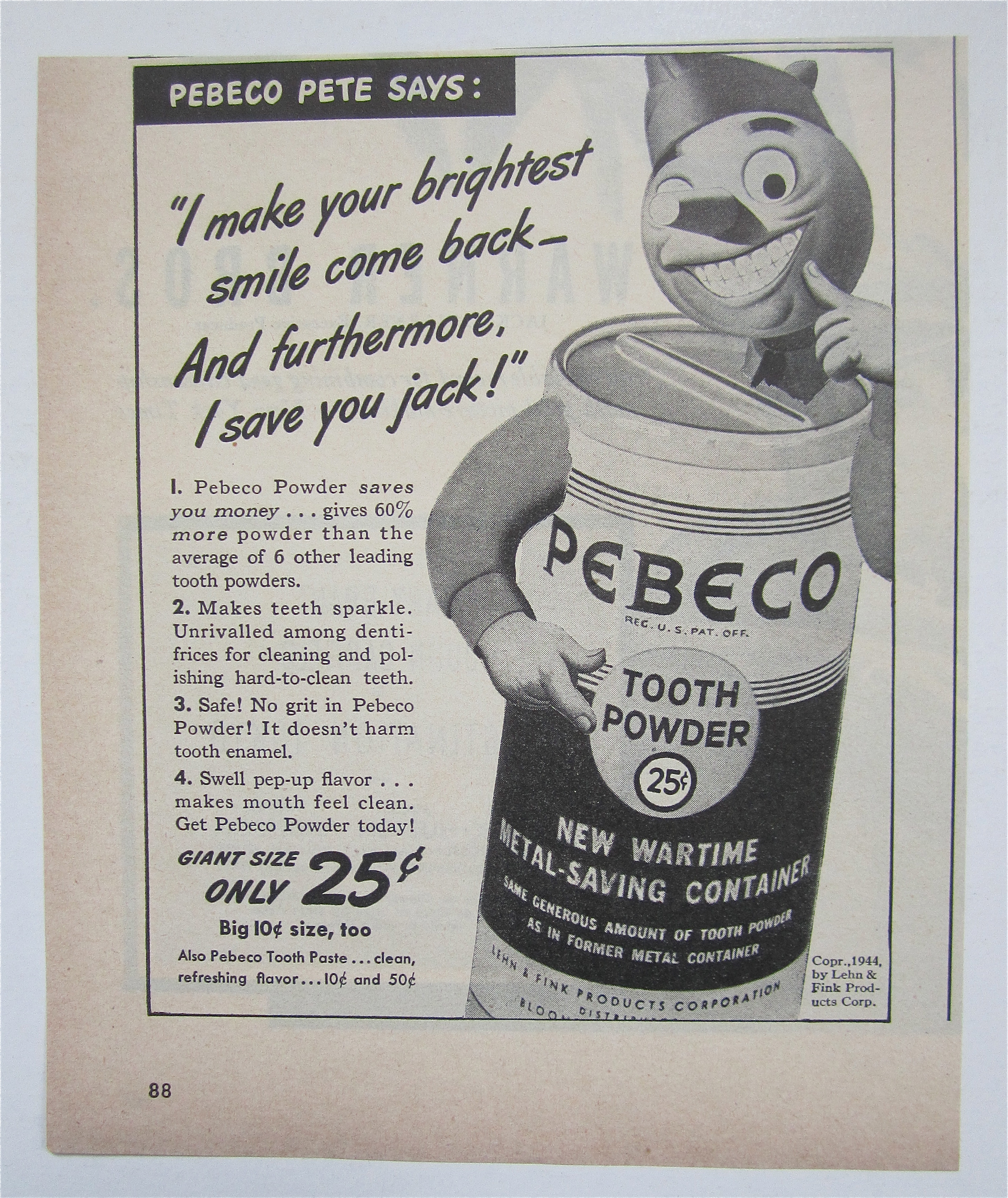 1944 Pebeco Tooth Powder with Pebeco Pete