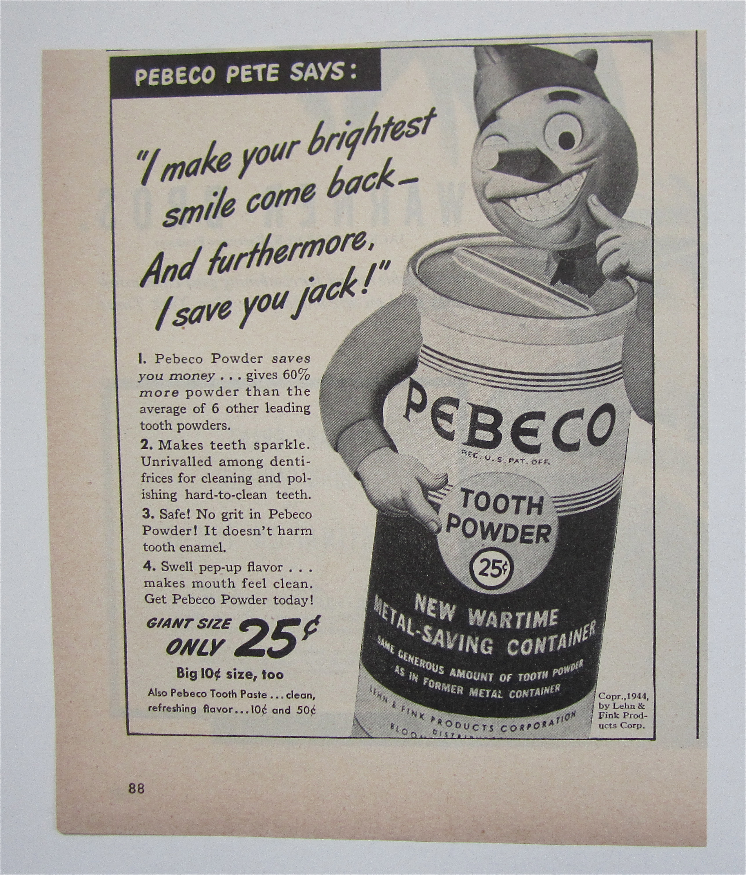 1944 Pebeco Tooth Powder with Pebeco Pete