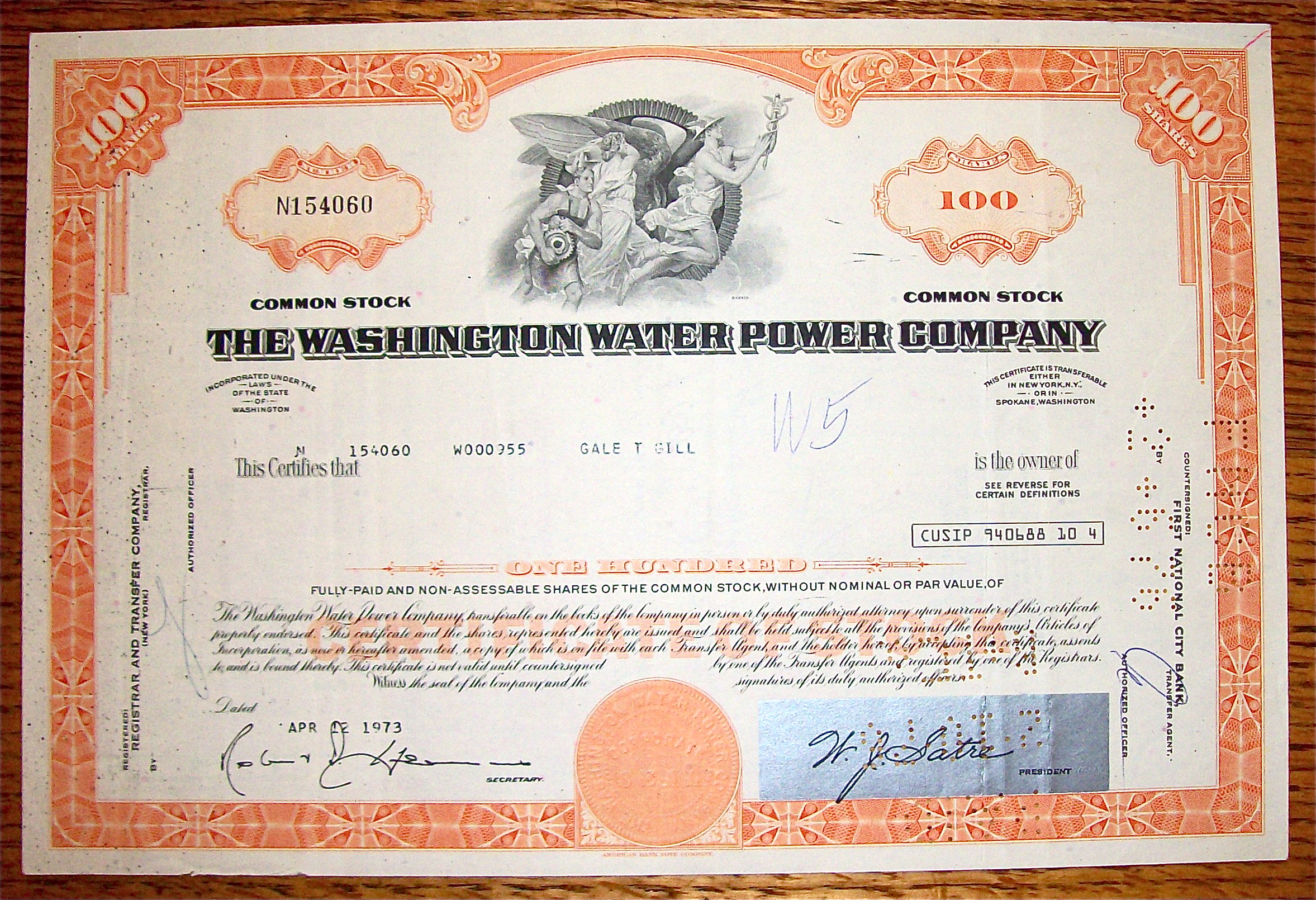 1973 Washington Water Power Company Stock Certificate