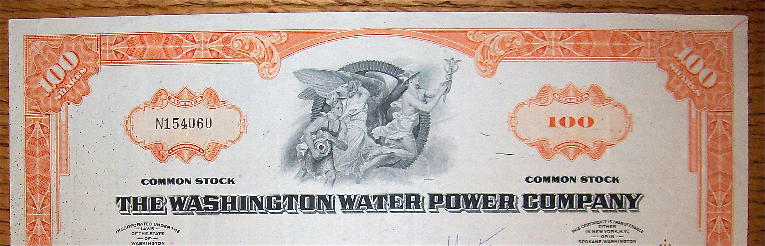 1973 Washington Water Power Company Stock Certificate
