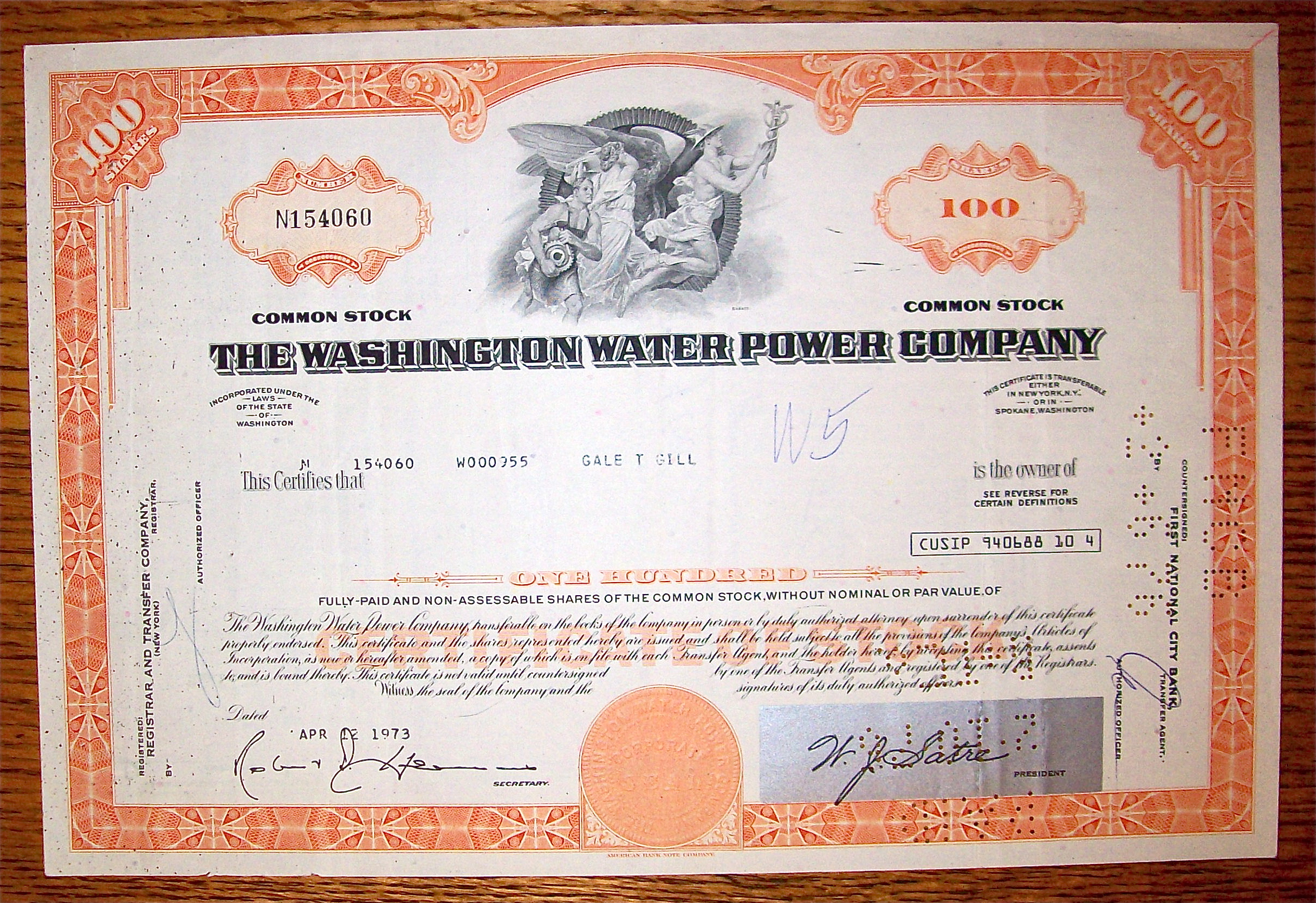 1973 Washington Water Power Company Stock Certificate
