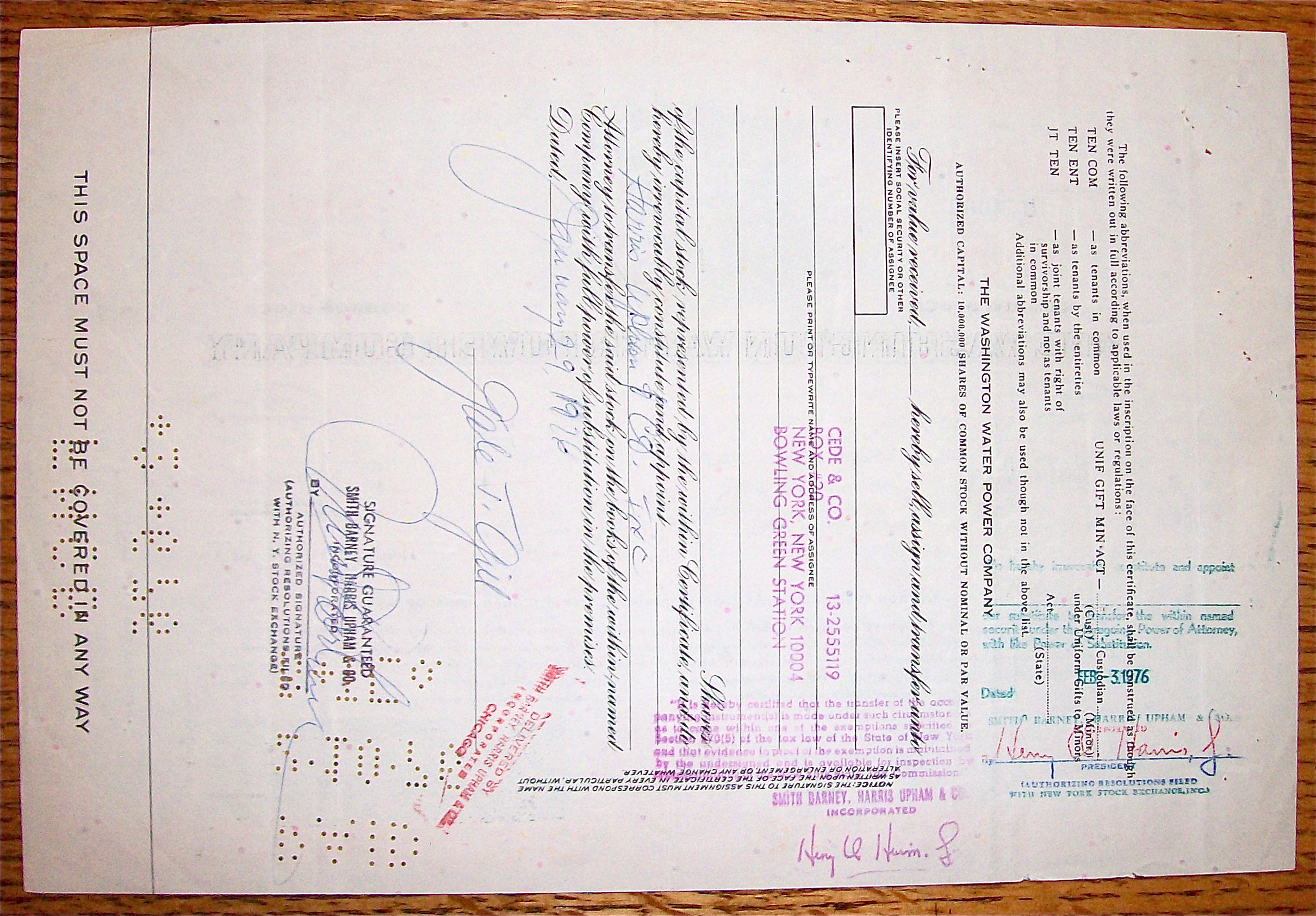 1973 Washington Water Power Company Stock Certificate