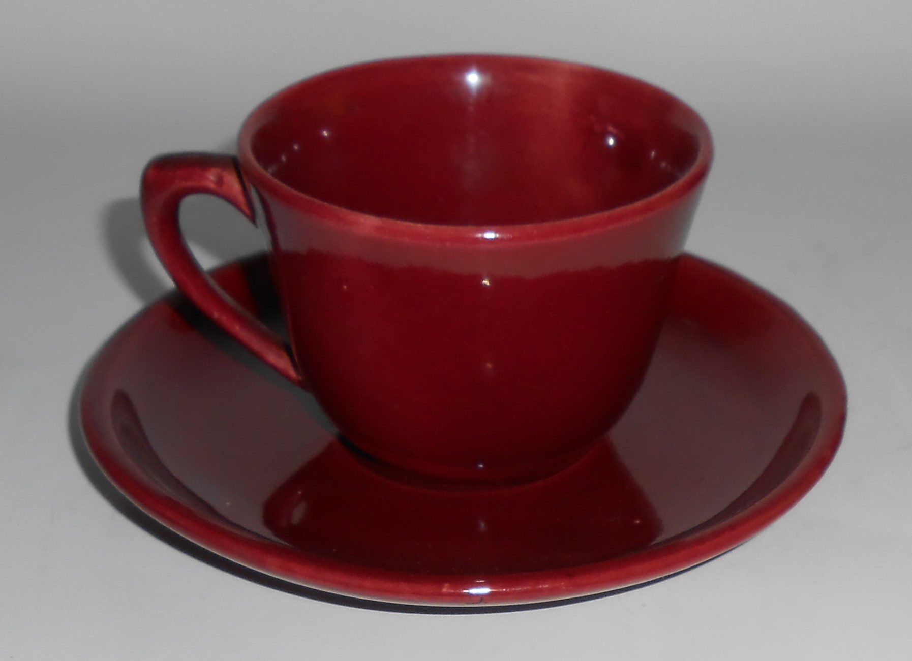 Bauer Pottery Mission Moderne Burgundy Cup & Saucer Set