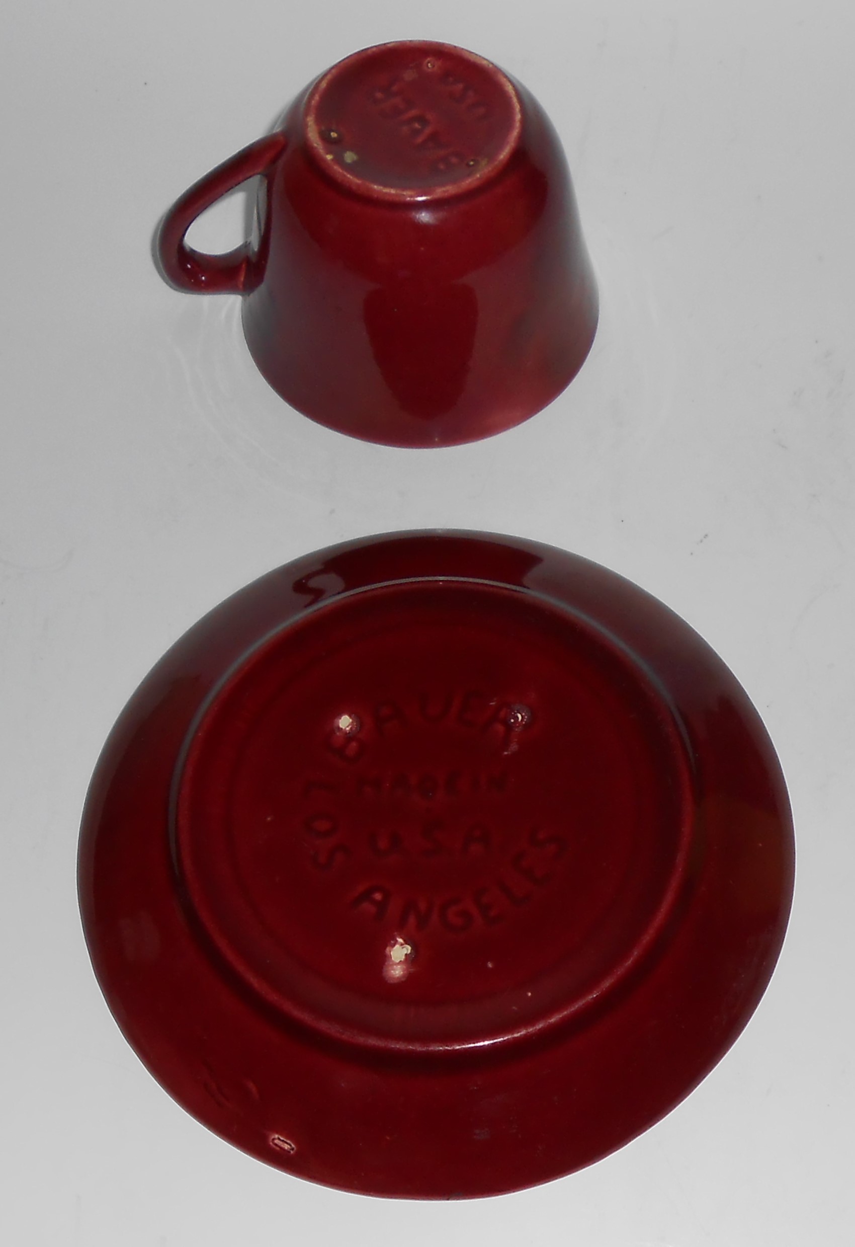 Bauer Pottery Mission Moderne Burgundy Cup & Saucer Set