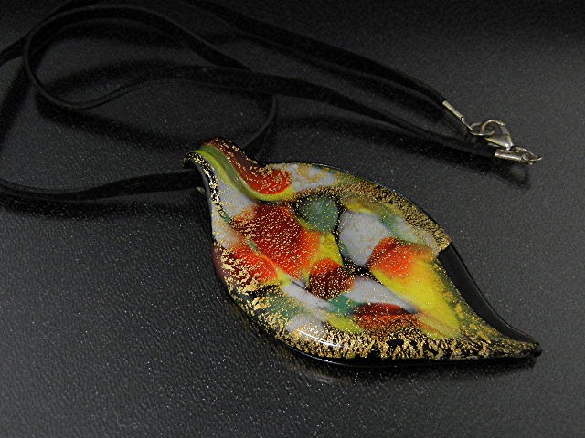 Murano Glass Pendant Black Leather Necklace