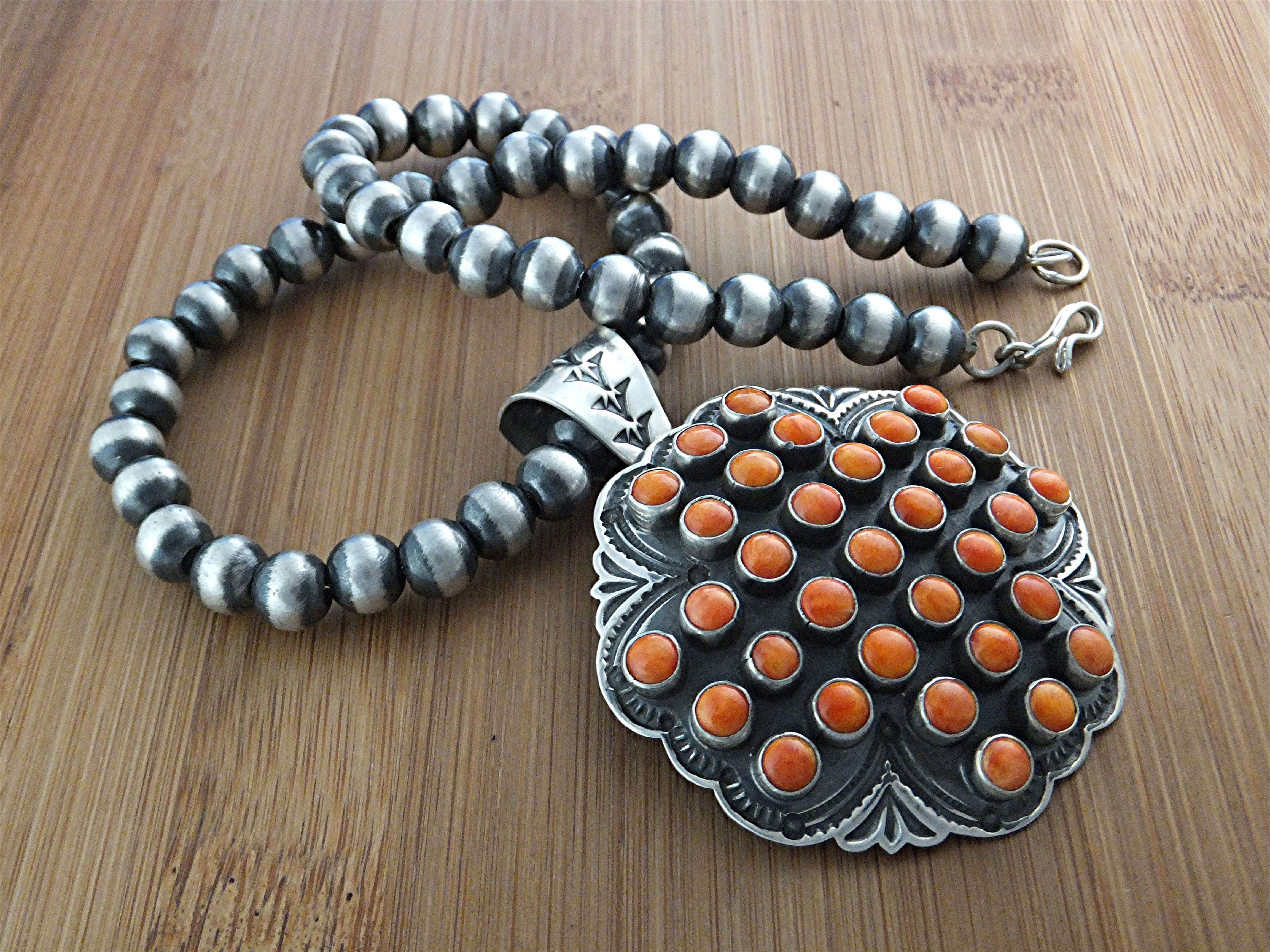 Navajo Sunshine Reeves Coral Sterling Silver Necklace