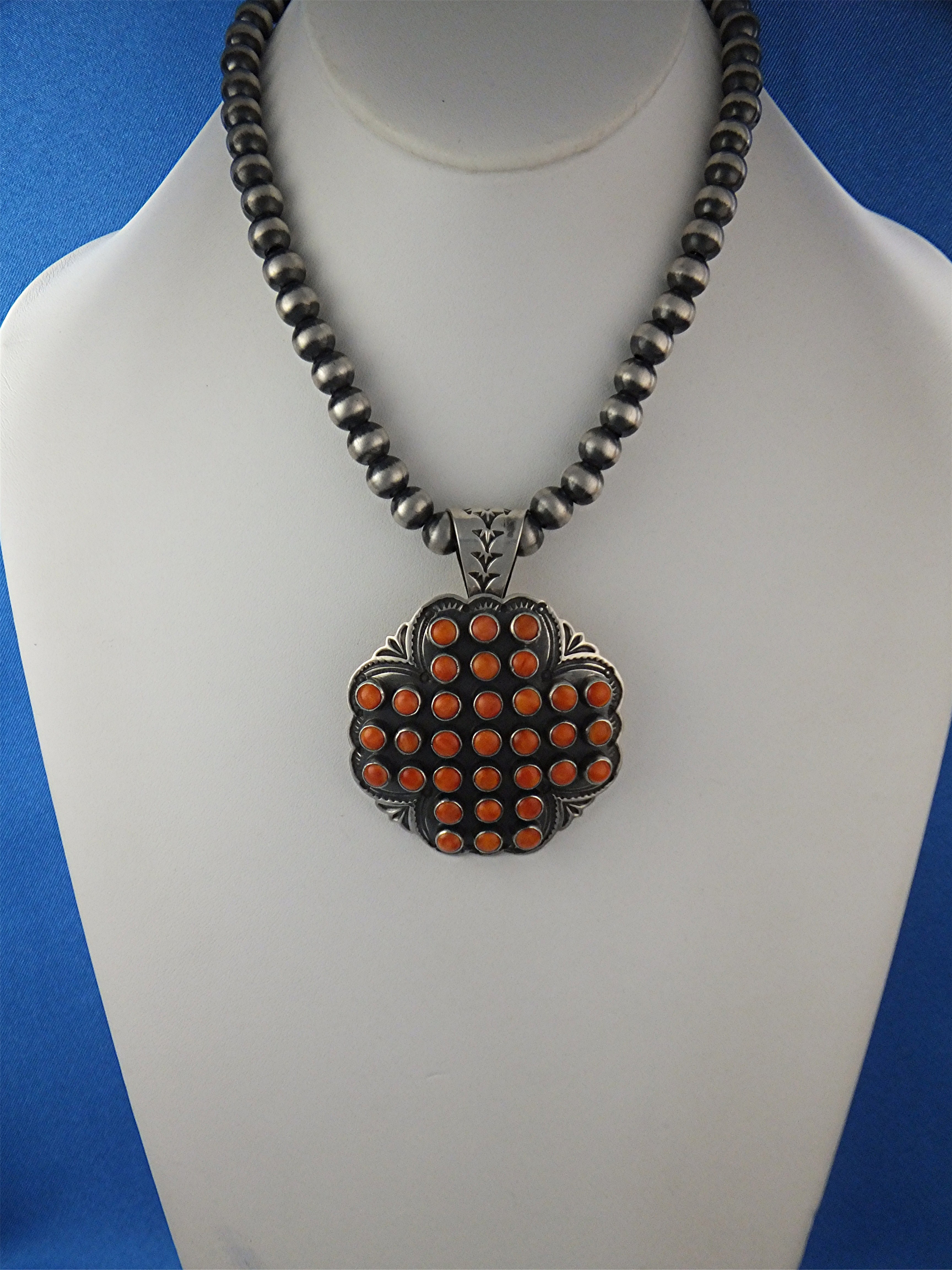 Navajo Sunshine Reeves Coral Sterling Silver Necklace