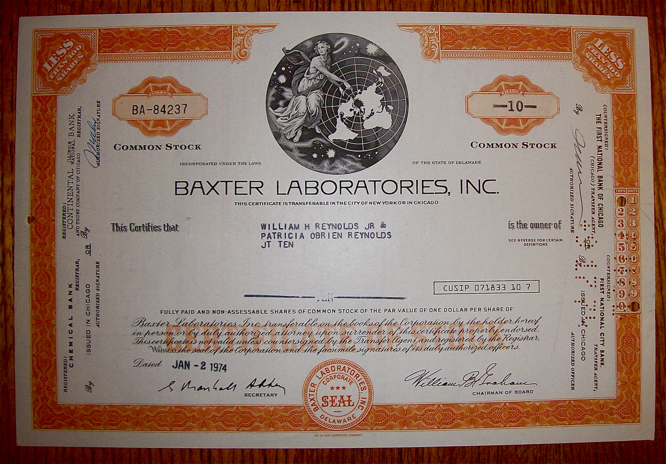 1974 Baxter Laboratories Stock Certificate