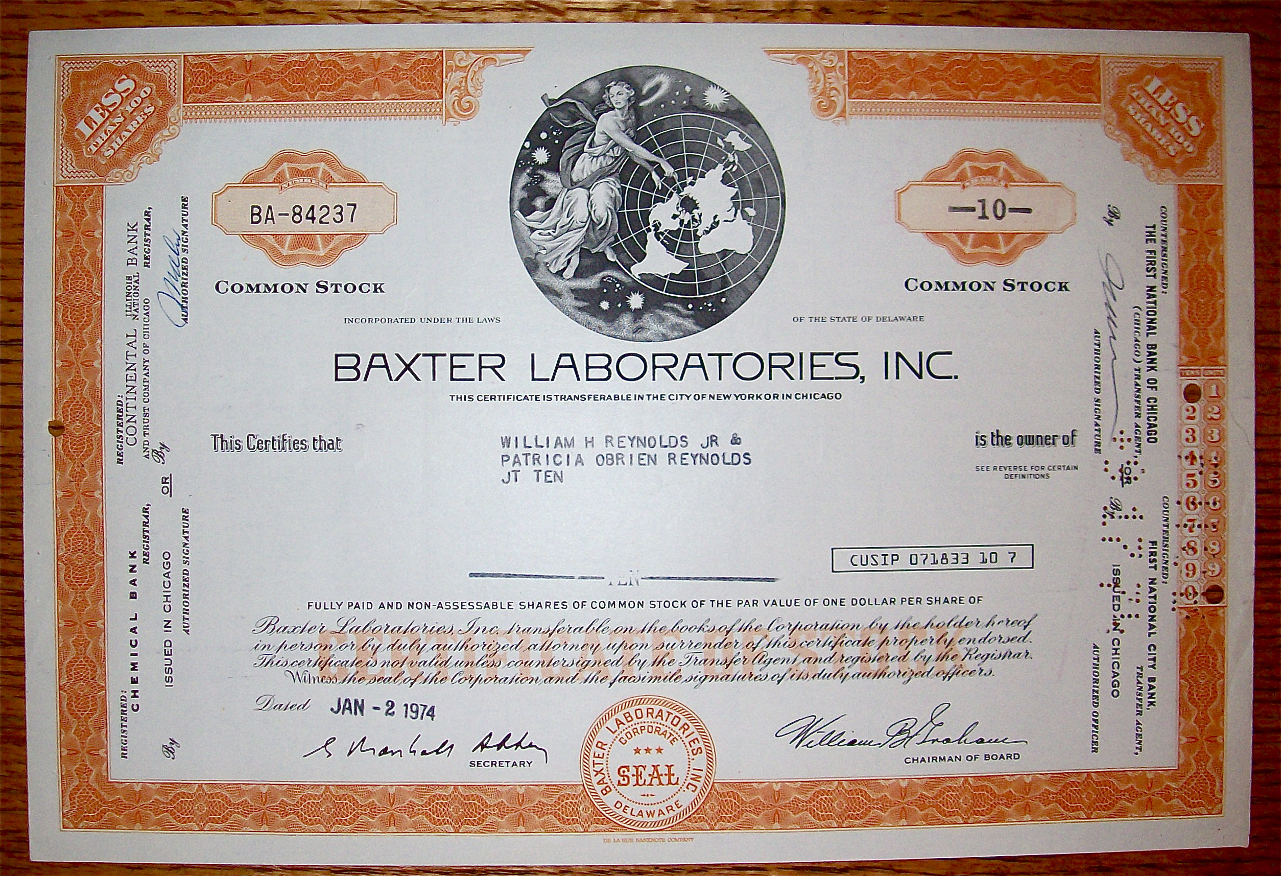1974 Baxter Laboratories Stock Certificate