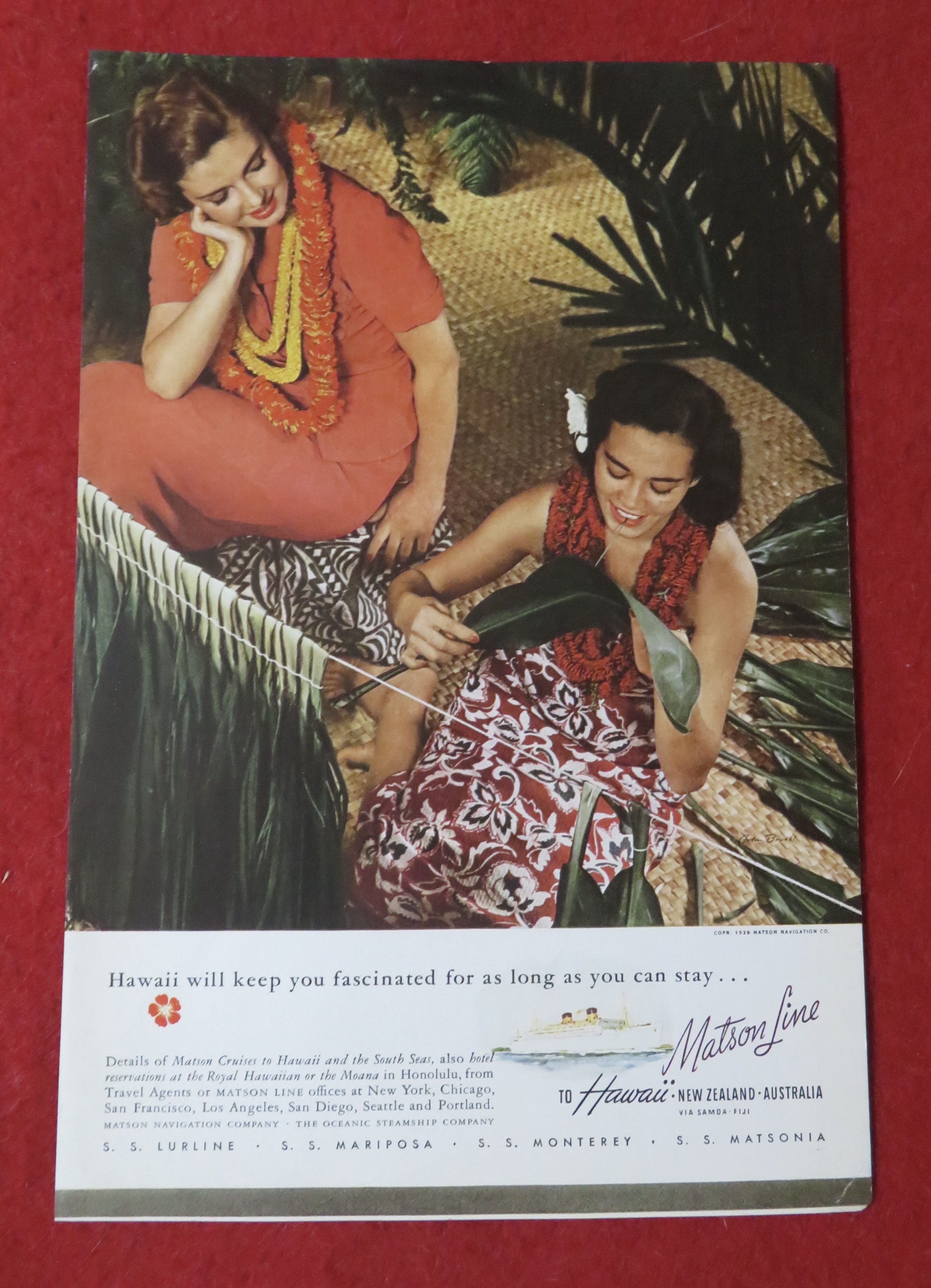 1939 Matson Line To Hawaii with Woman & Hawaiian Woman