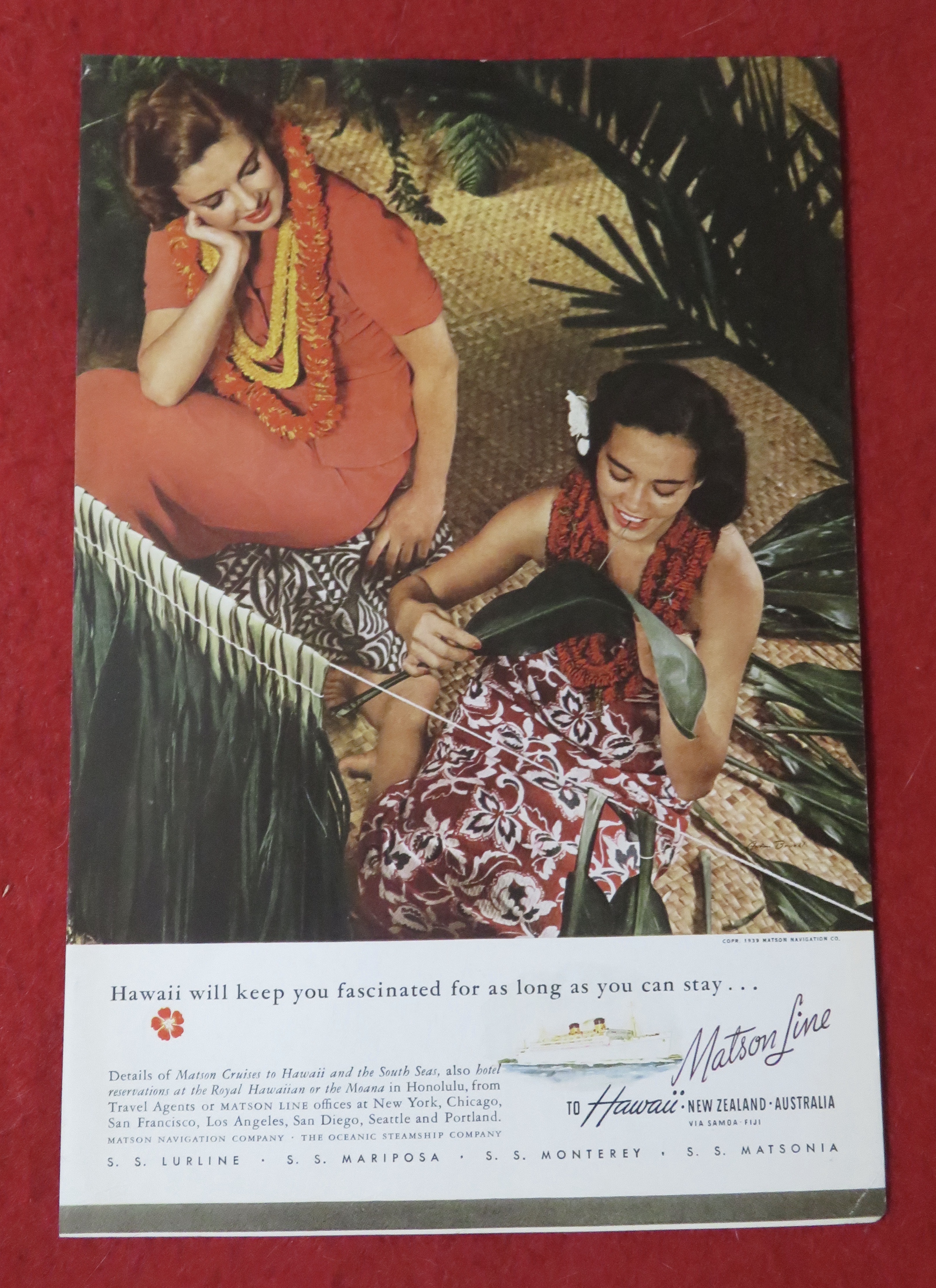 1939 Matson Line To Hawaii with Woman & Hawaiian Woman