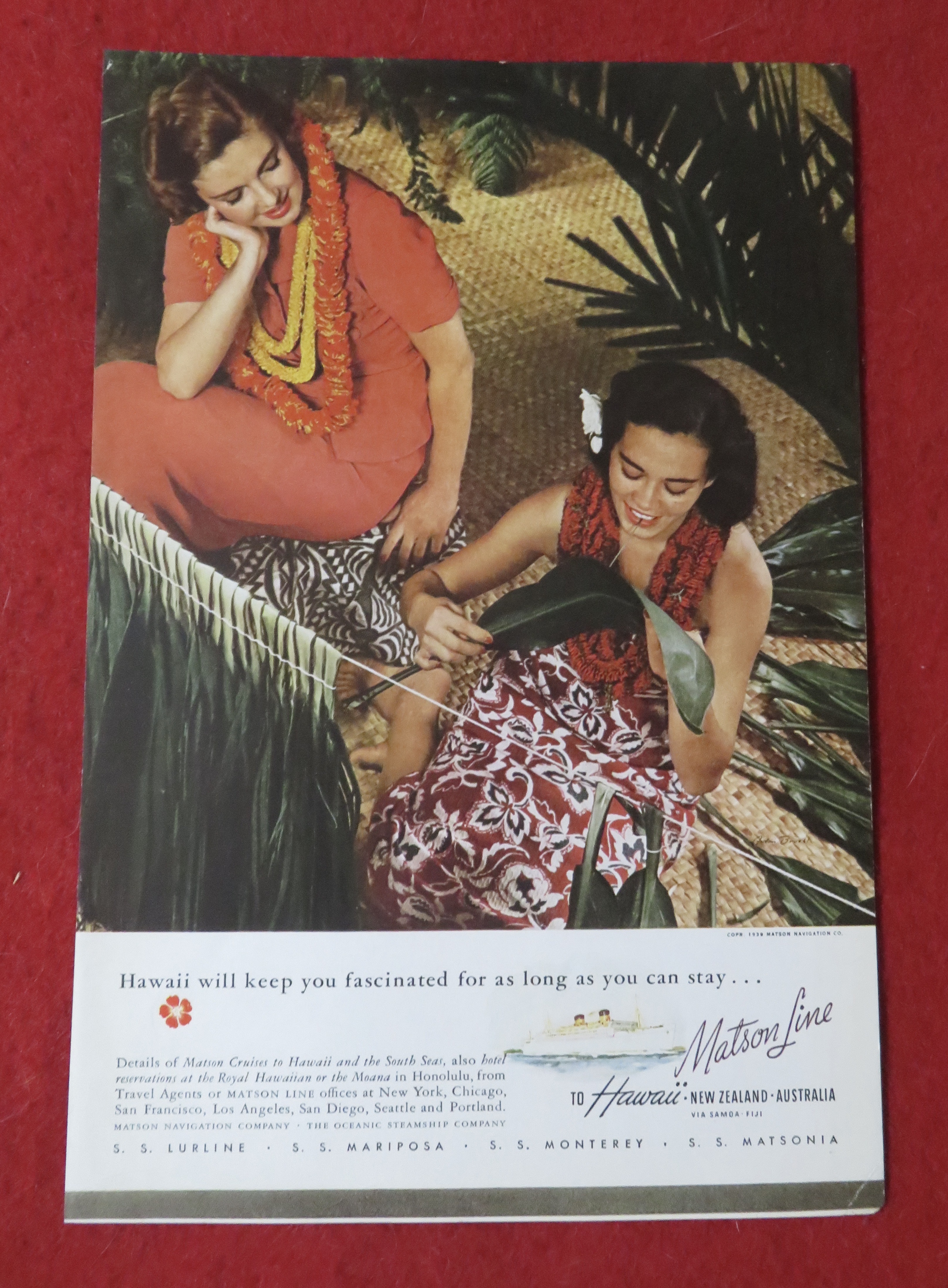1939 Matson Line To Hawaii with Woman & Hawaiian Woman