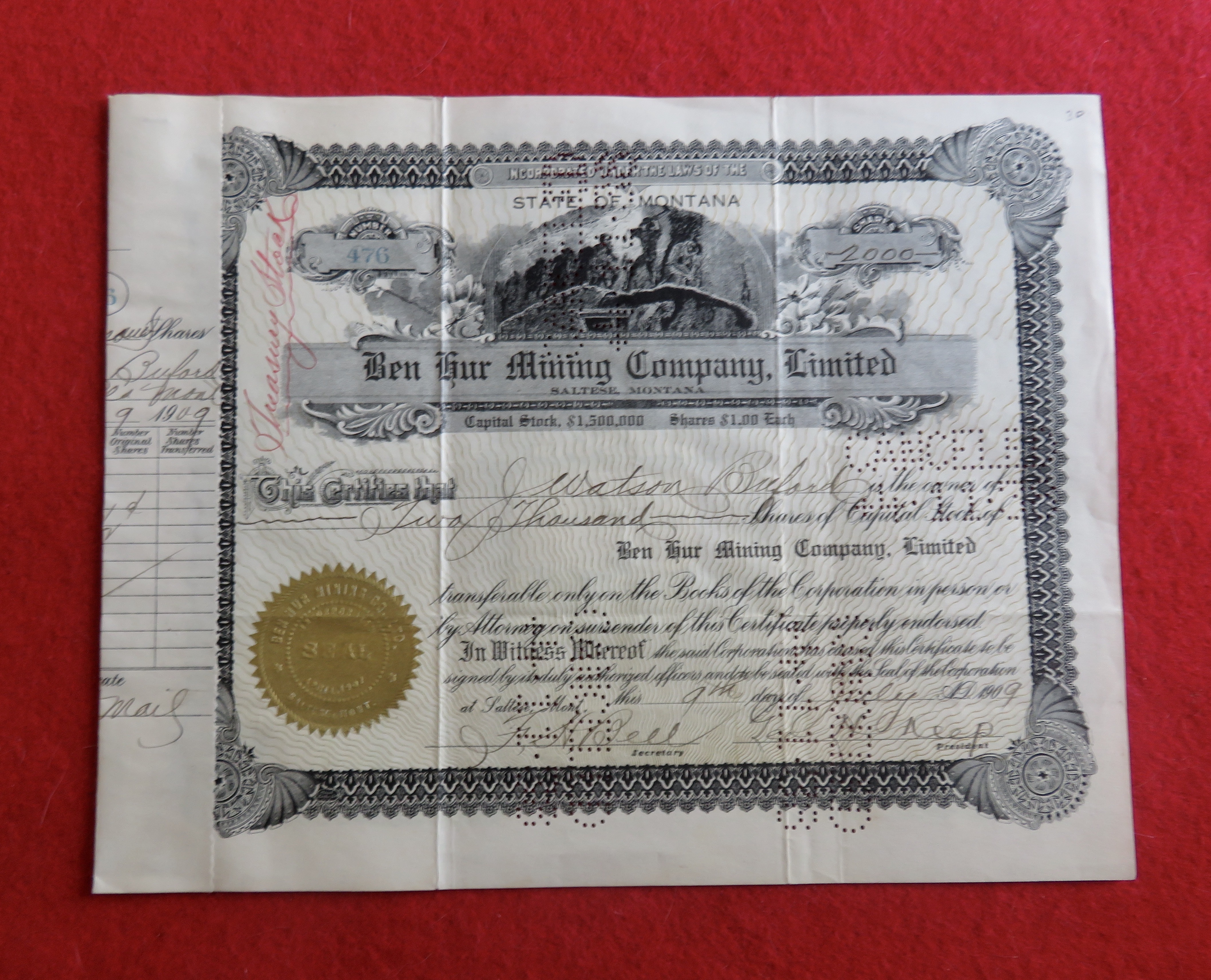 1909 Ben Hur Mining Company Limited Stock Certificate