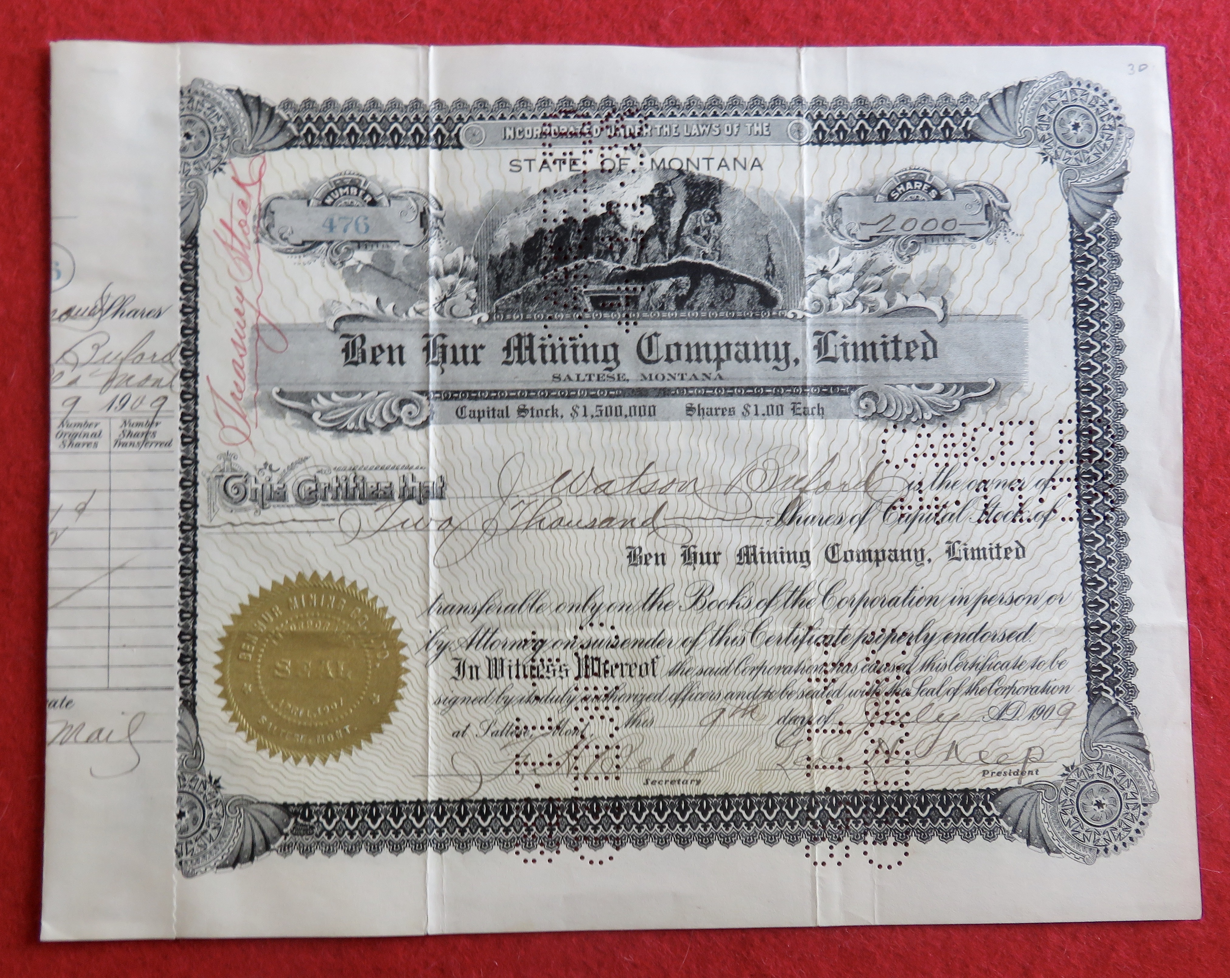 1909 Ben Hur Mining Company Limited Stock Certificate