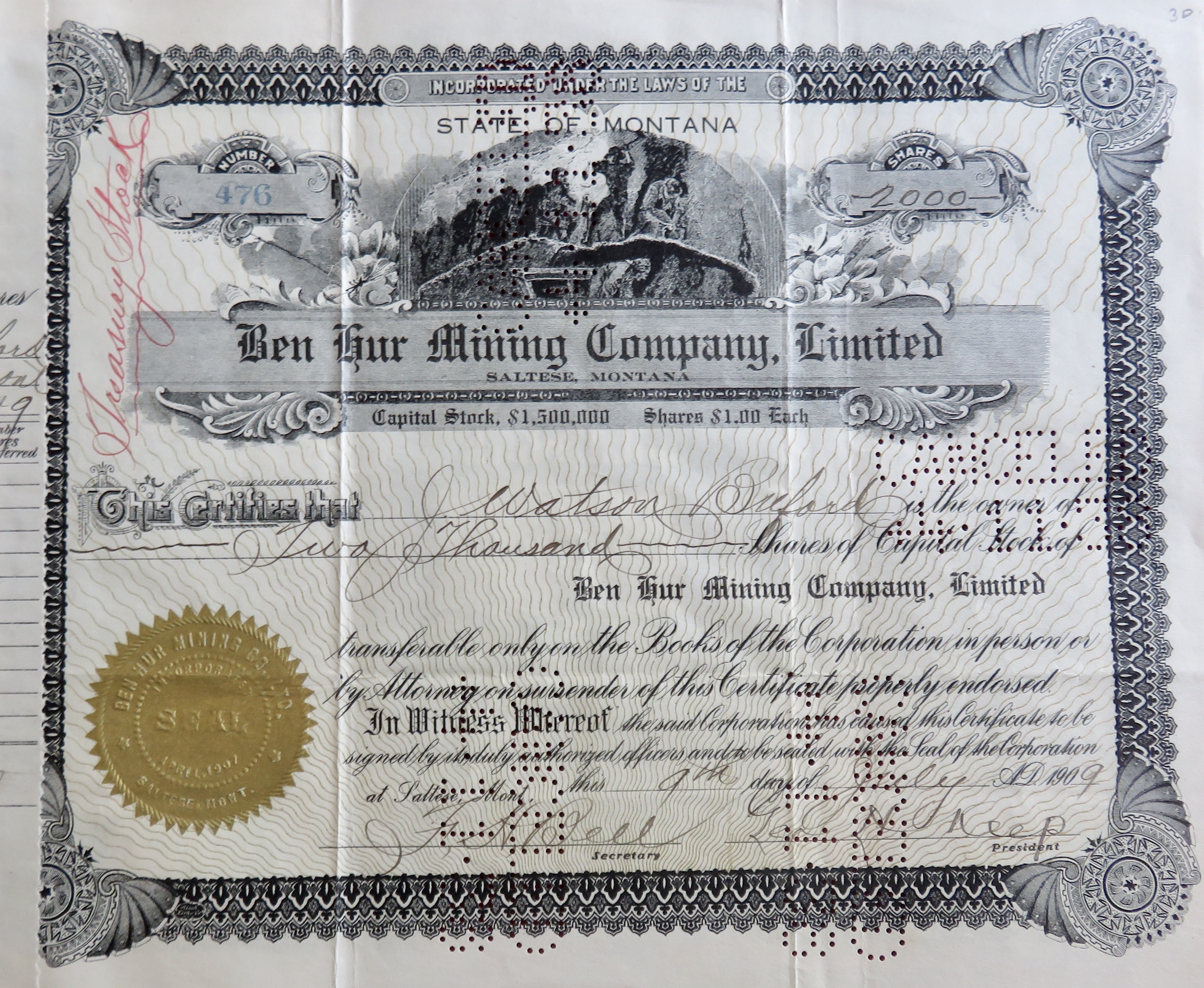 1909 Ben Hur Mining Company Limited Stock Certificate