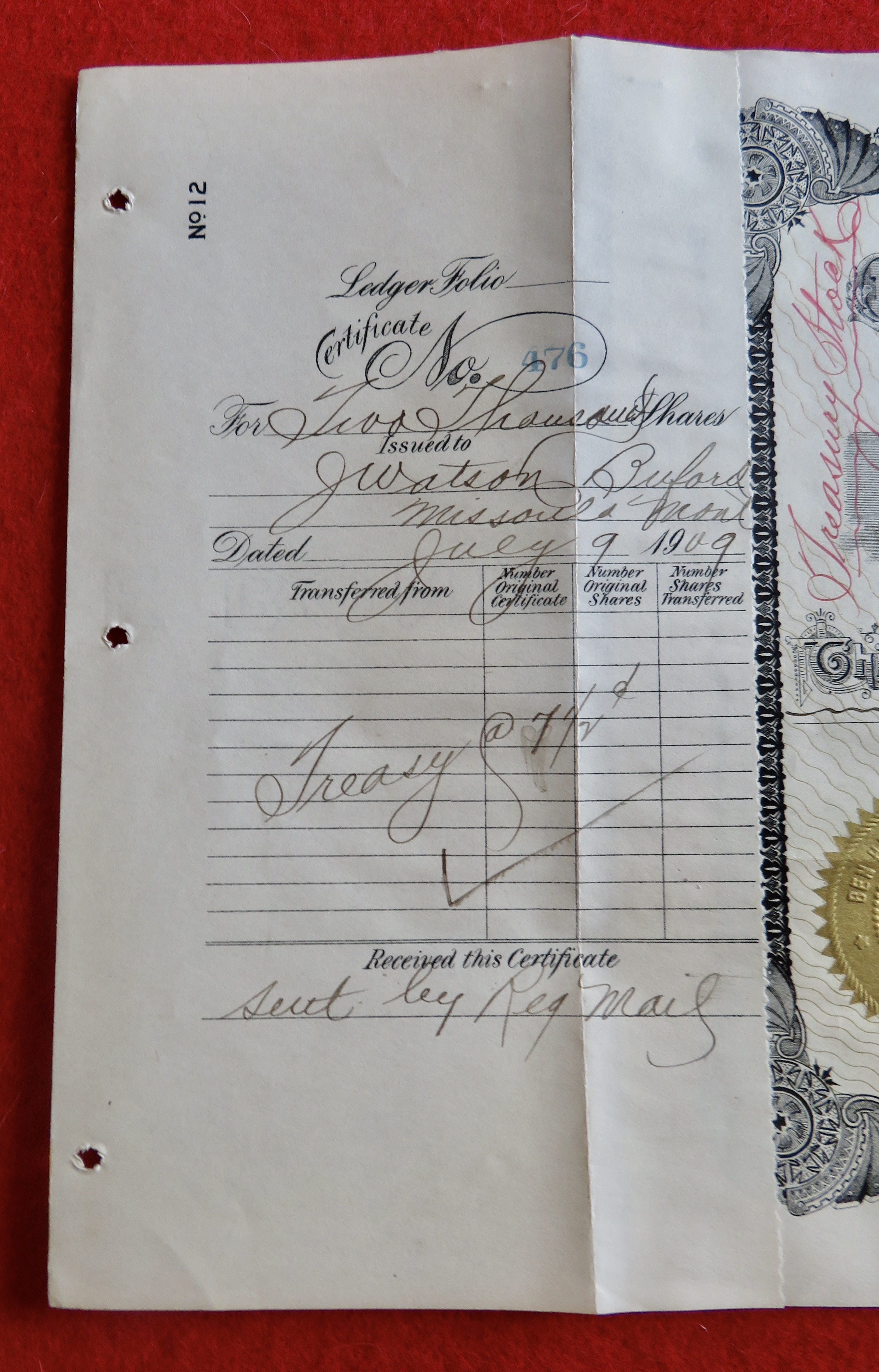1909 Ben Hur Mining Company Limited Stock Certificate
