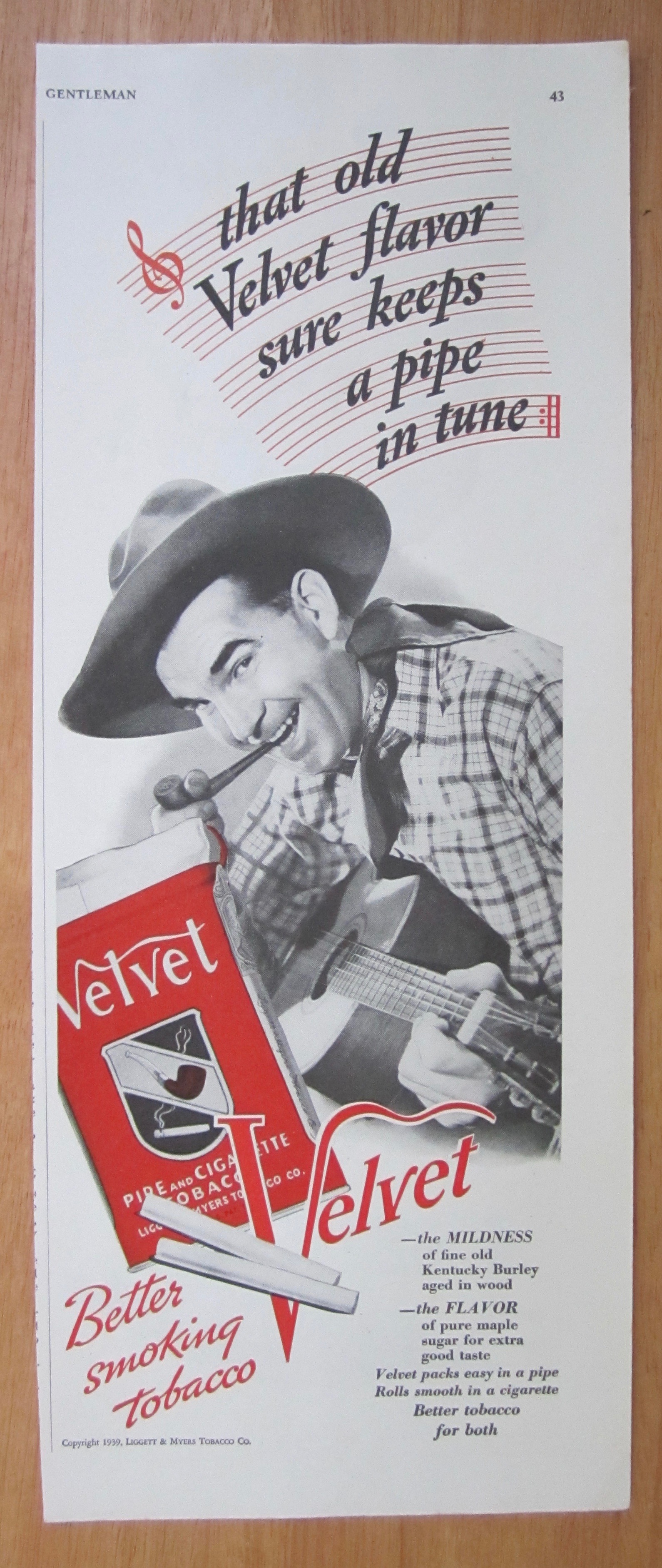 1939 Velvet Pipe Tobacco with a Cowboy & his Guitar