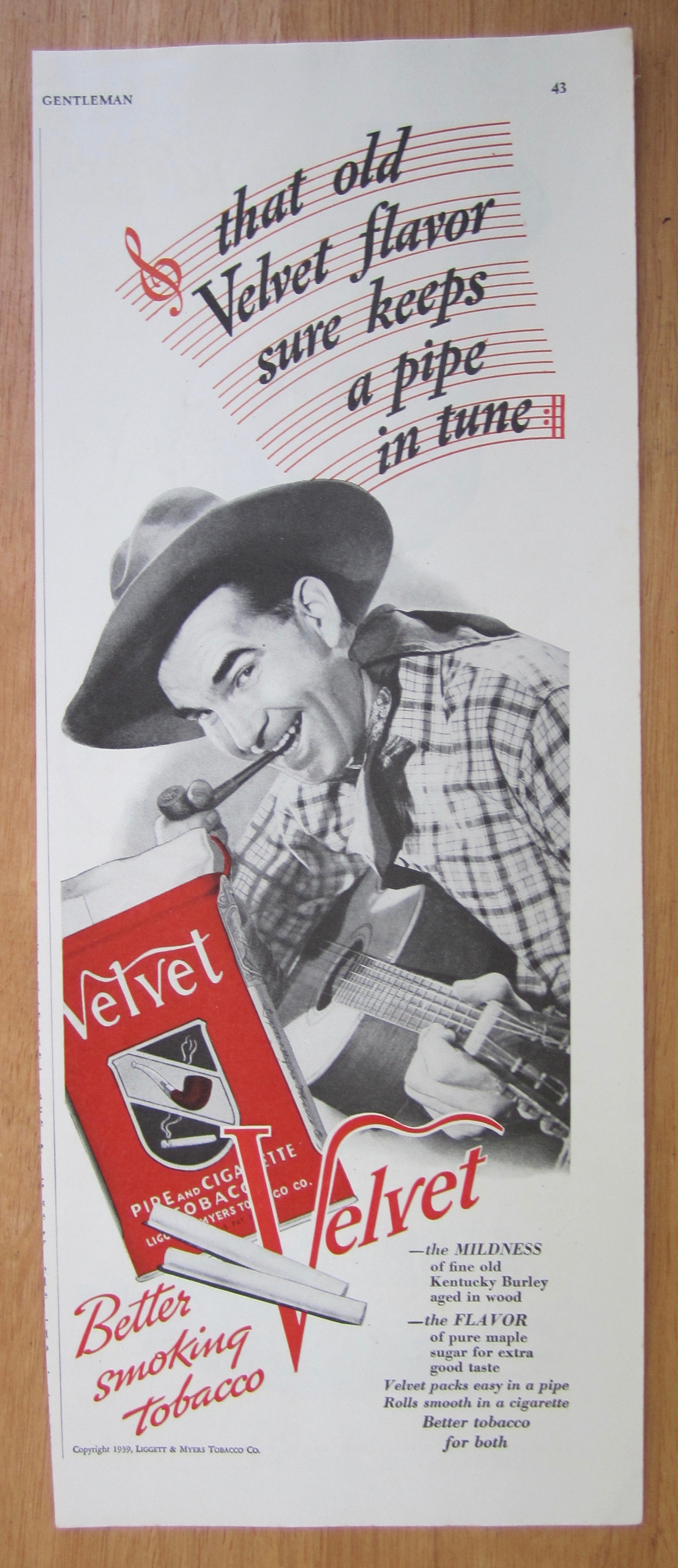 1939 Velvet Pipe Tobacco with a Cowboy & his Guitar