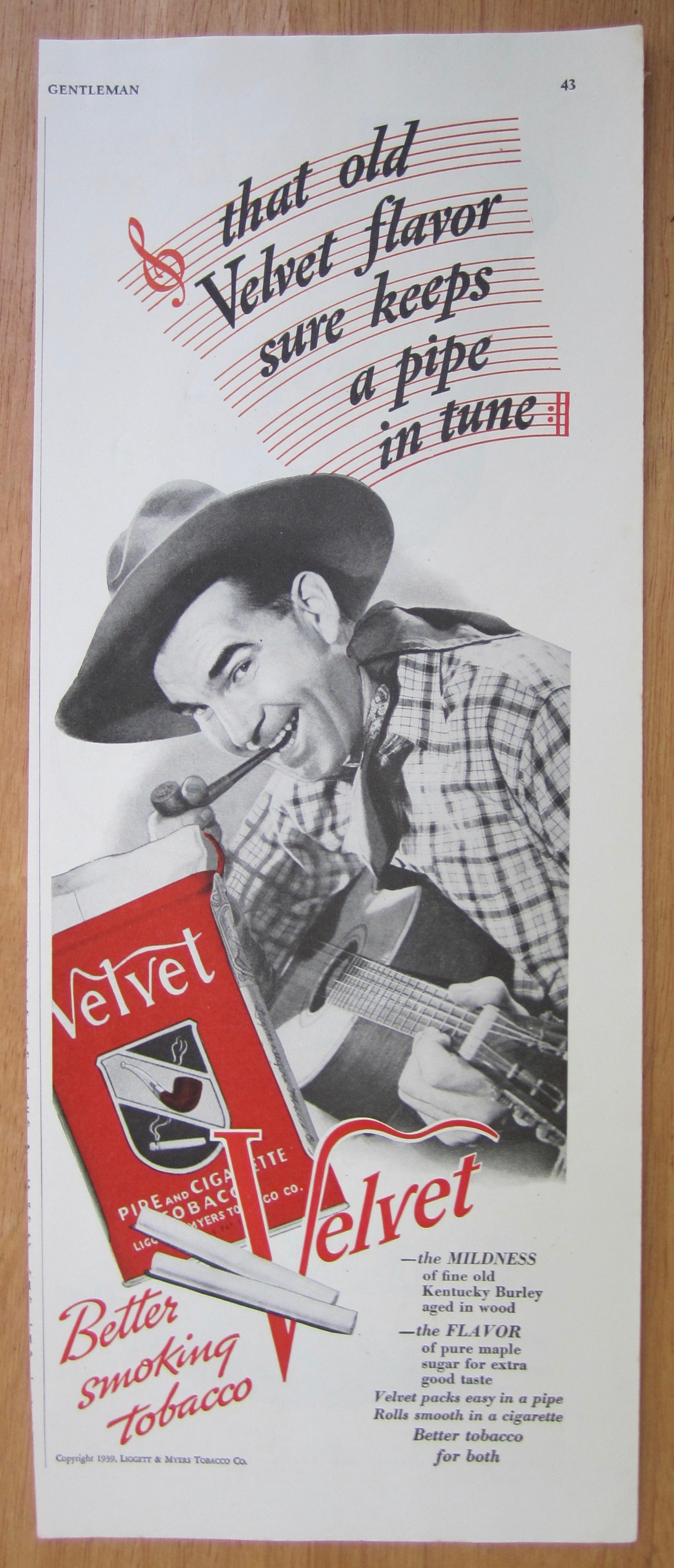 1939 Velvet Pipe Tobacco with a Cowboy & his Guitar