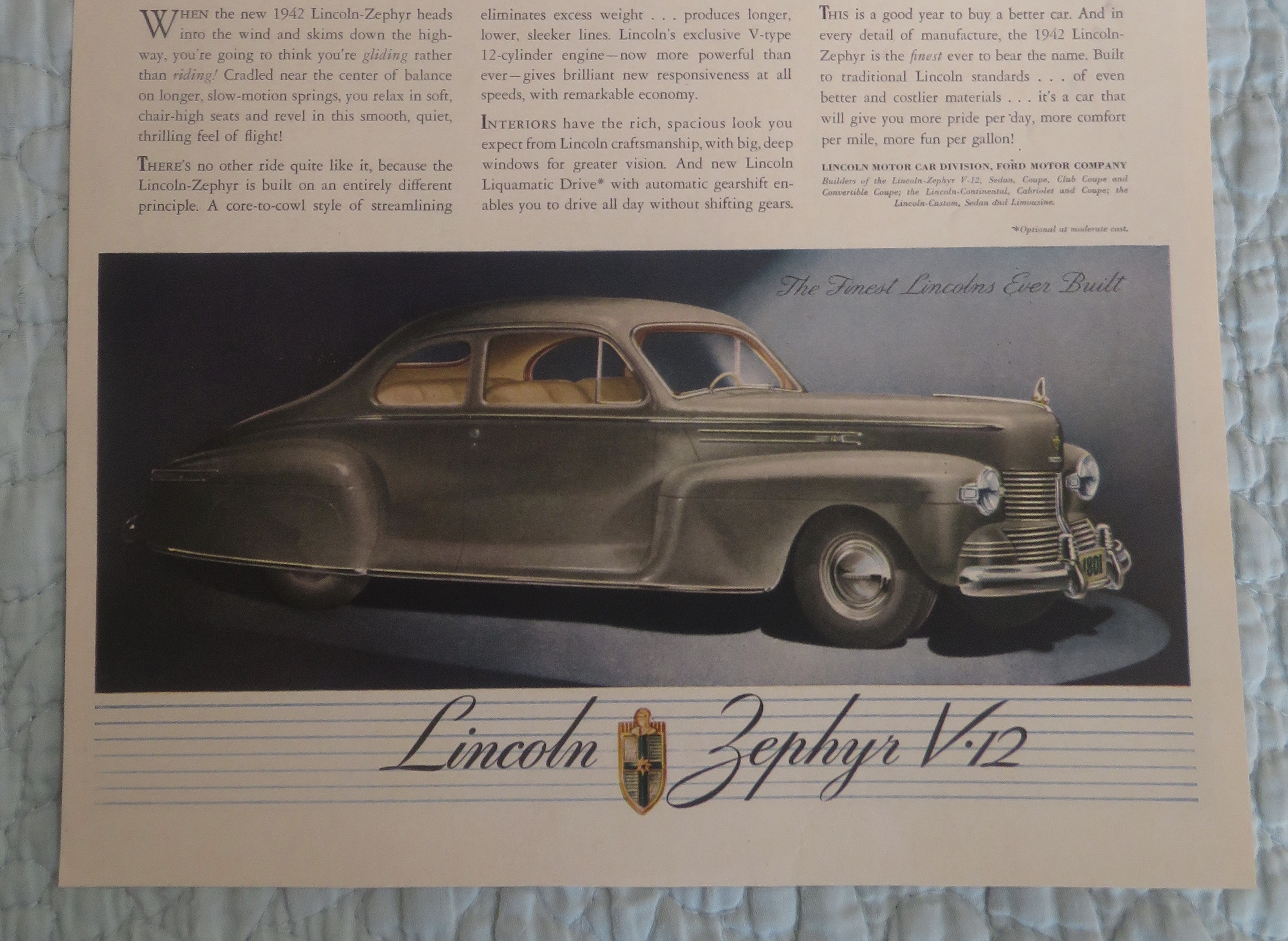 1942 Lincoln Automobile with Lincoln Zephyr V - 12