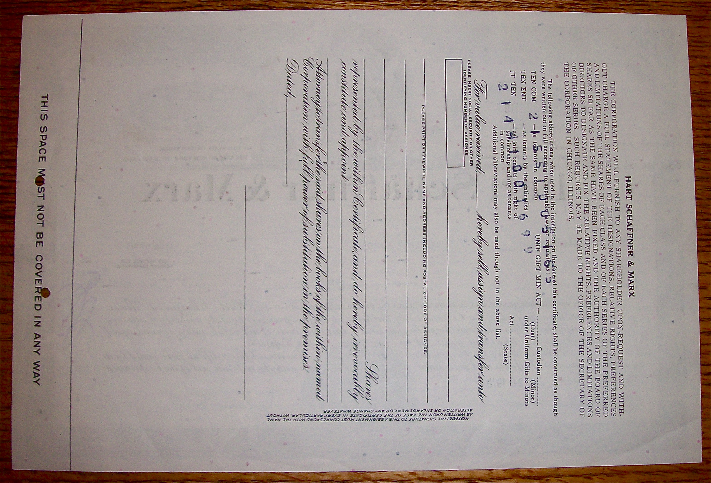 1978 Hart Schaffner & Marx Stock Certificate