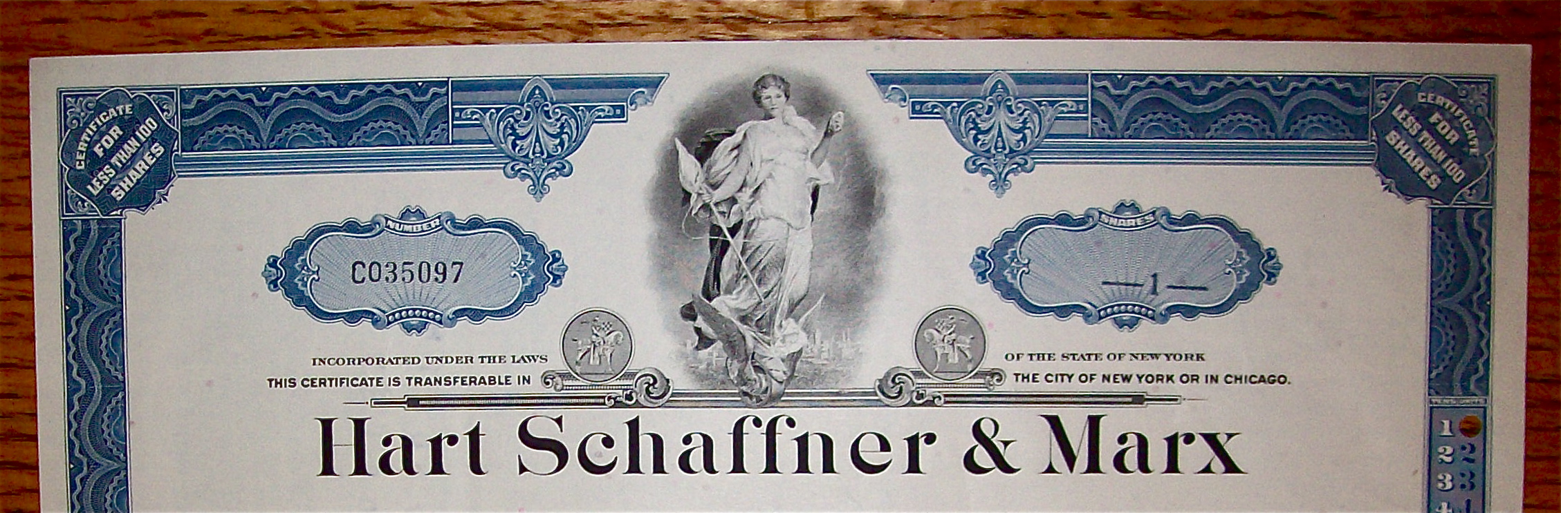 1978 Hart Schaffner & Marx Stock Certificate