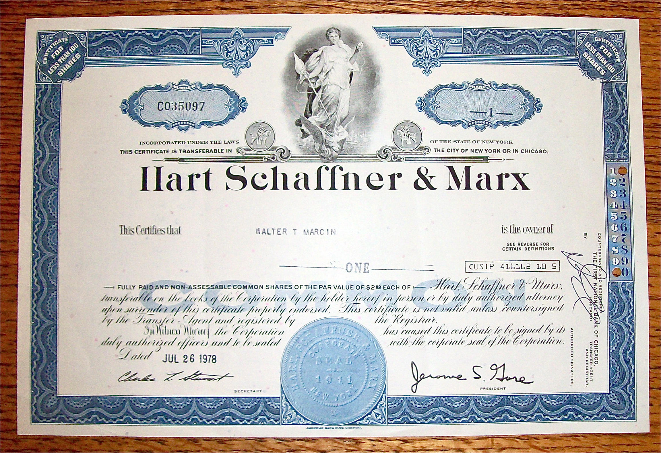 1978 Hart Schaffner & Marx Stock Certificate