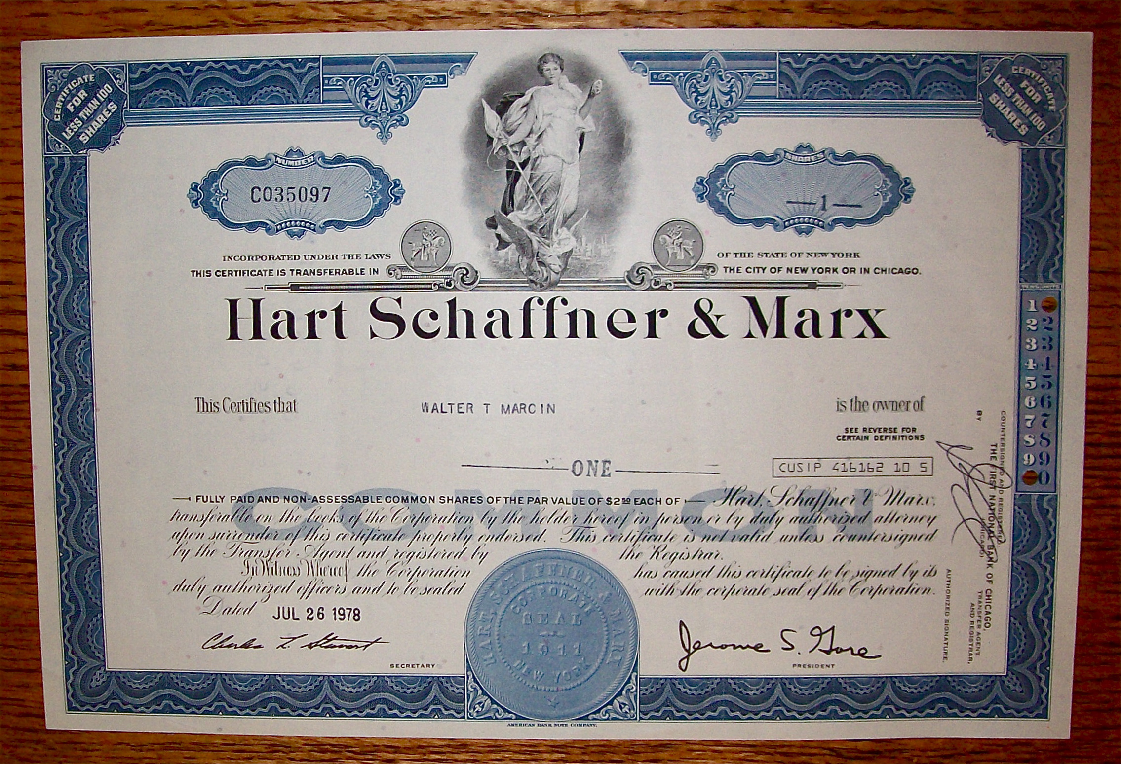 1978 Hart Schaffner & Marx Stock Certificate