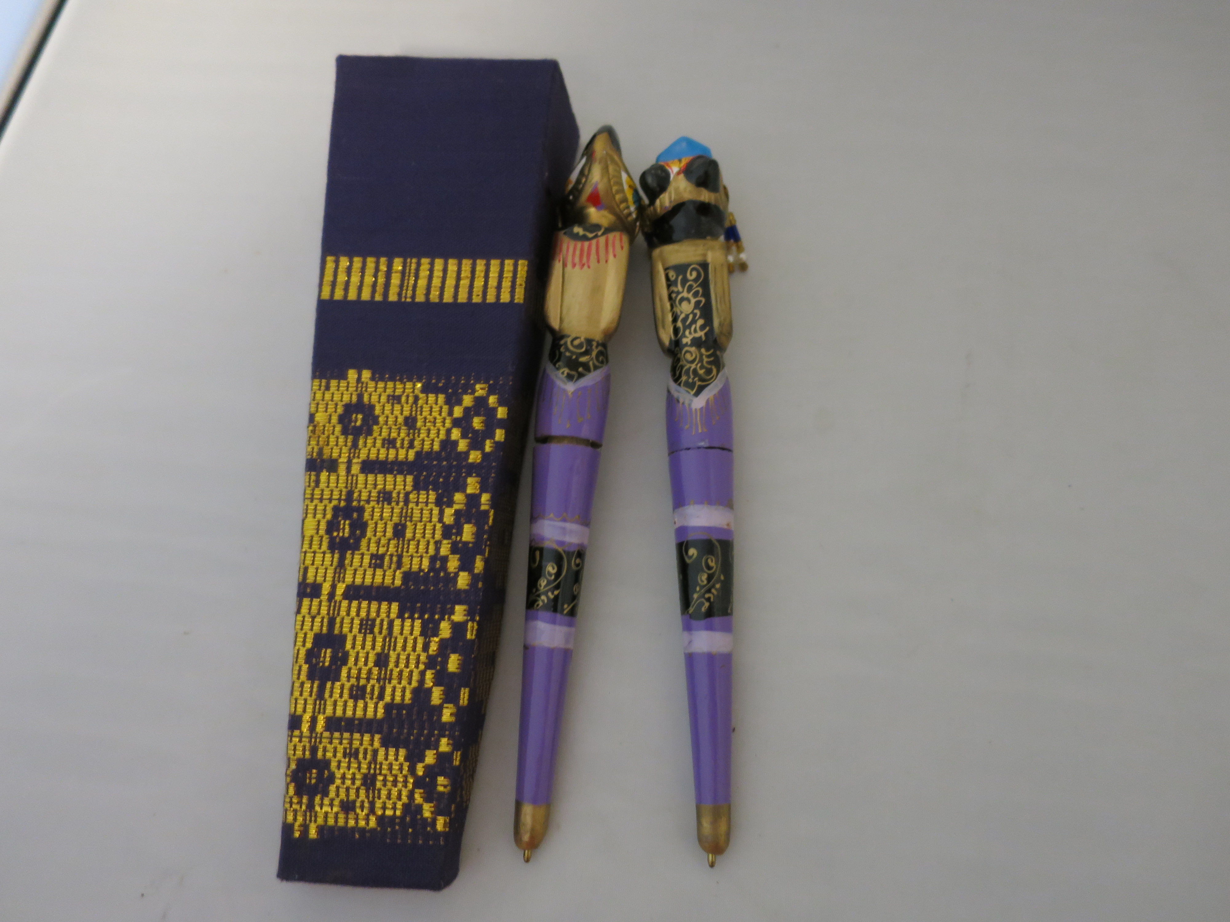 Figural Carved and Painted Pen Set Vintage Asian Doll