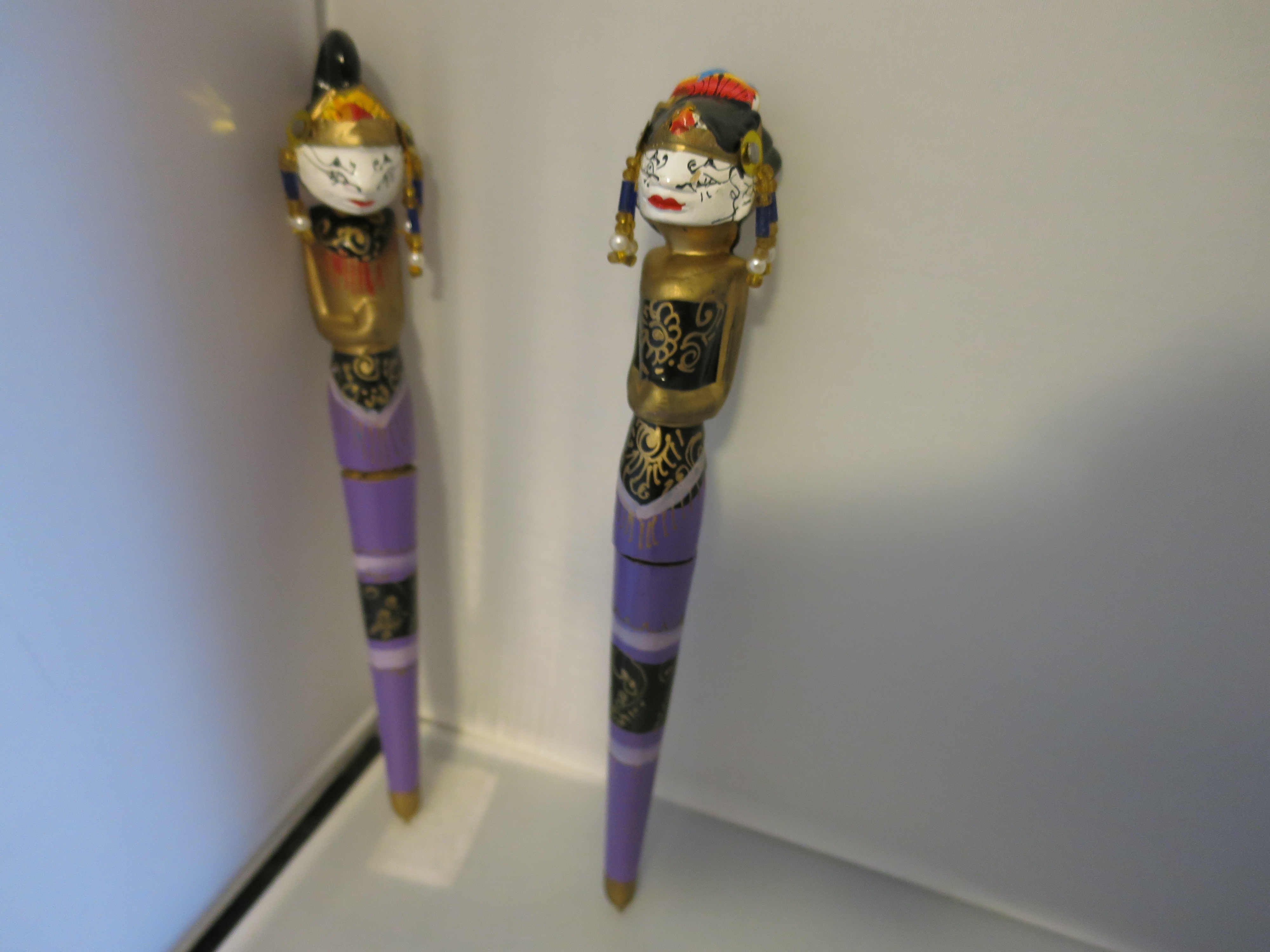 Figural Carved and Painted Pen Set Vintage Asian Doll