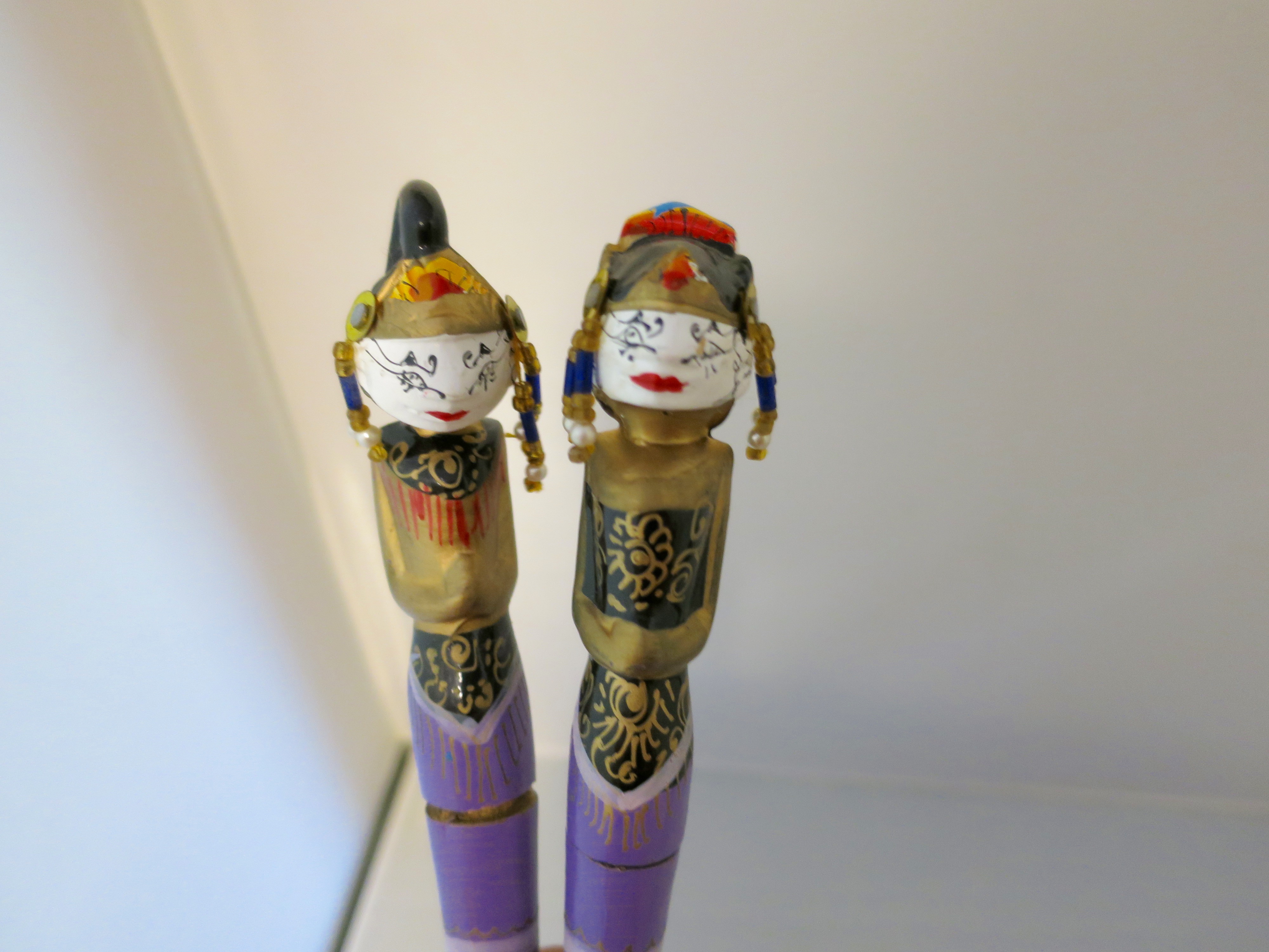 Figural Carved and Painted Pen Set Vintage Asian Doll