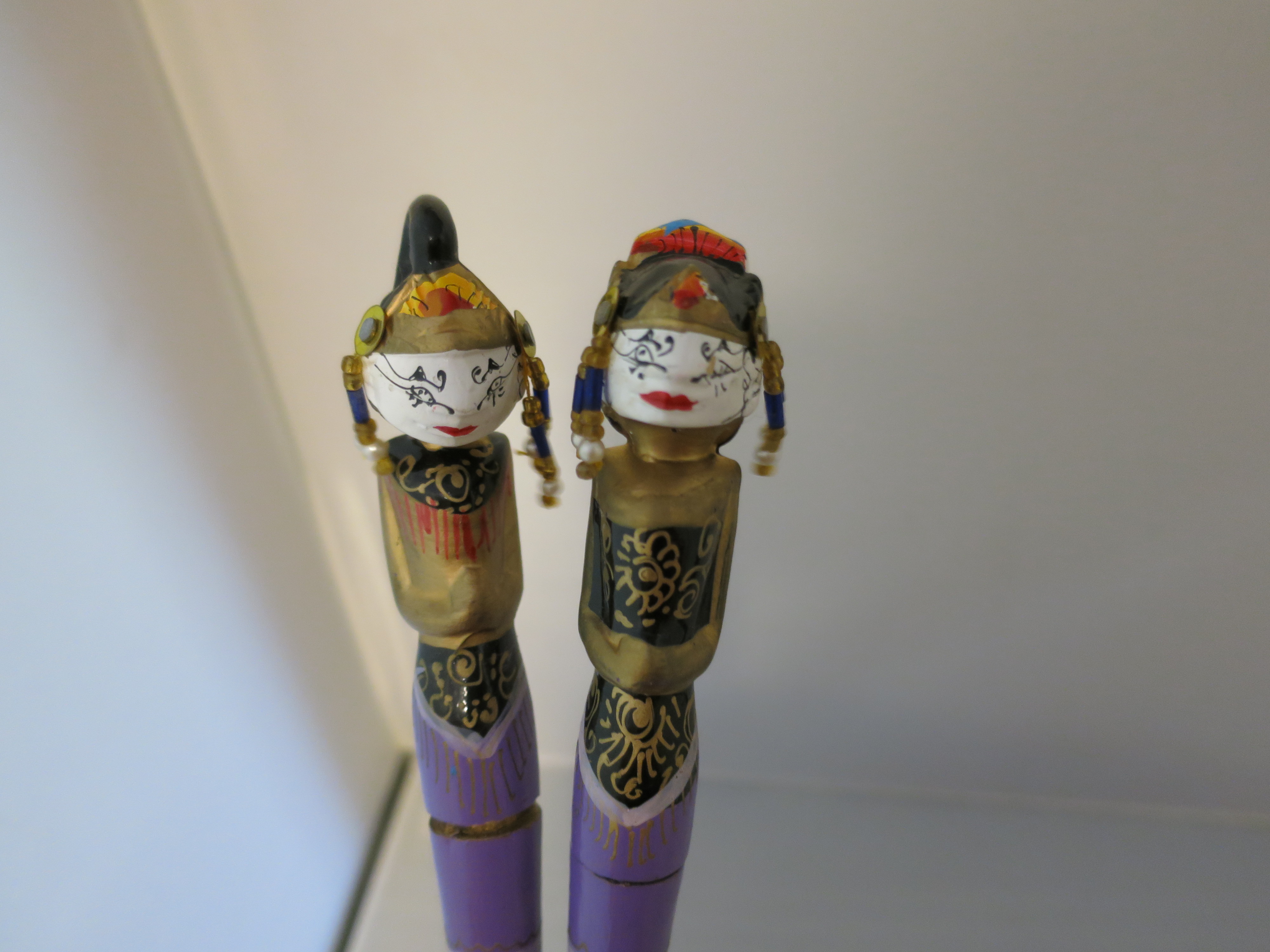 Figural Carved and Painted Pen Set Vintage Asian Doll
