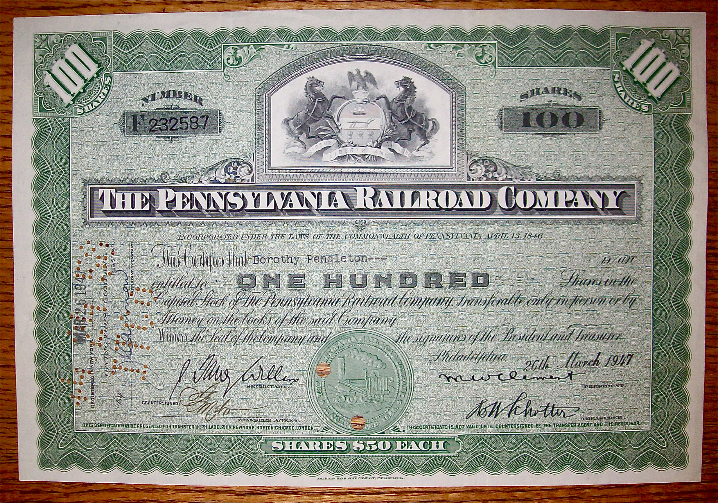 1947 Pennsylvania Railroad Company Stock Certificate