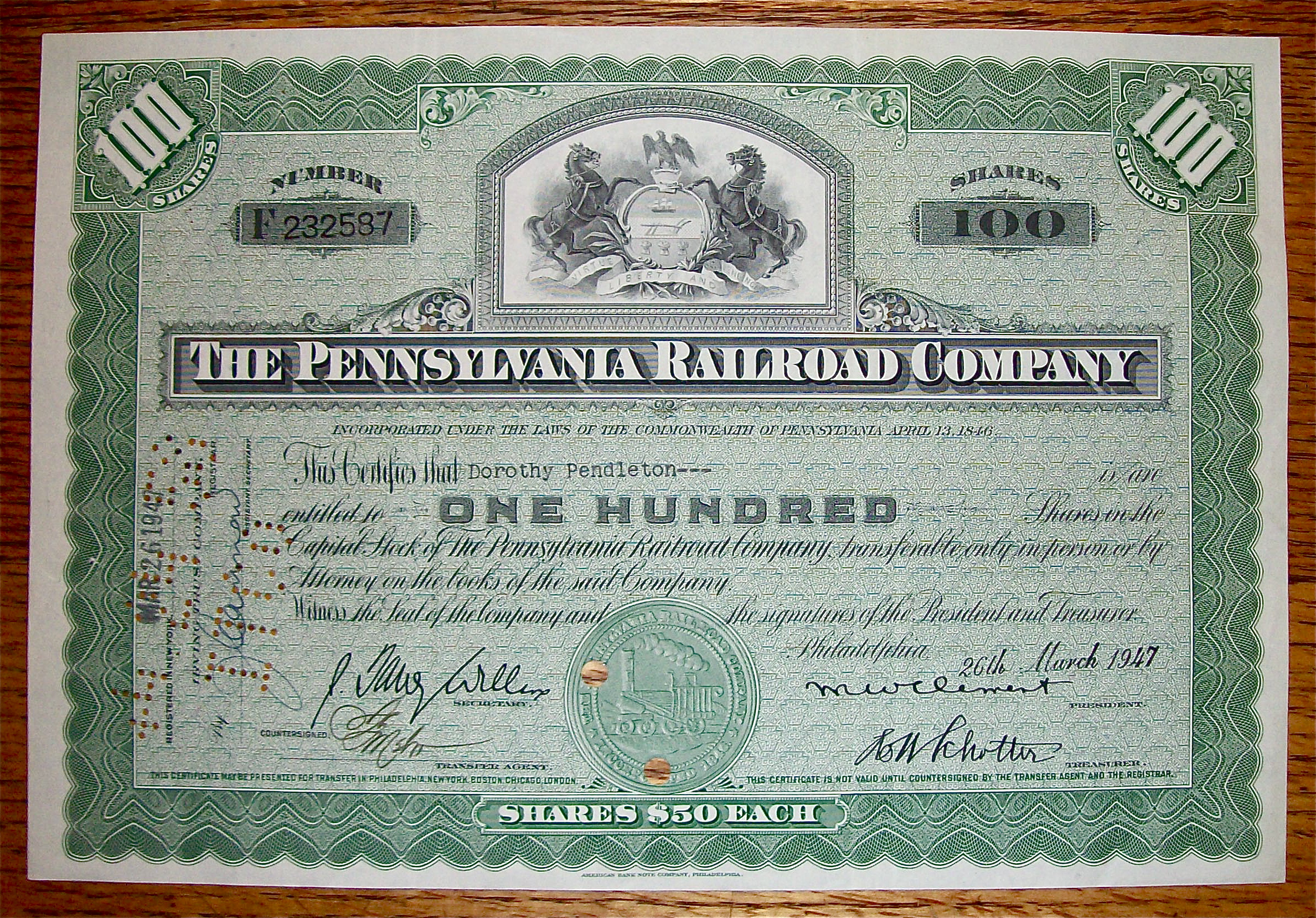 1947 Pennsylvania Railroad Company Stock Certificate