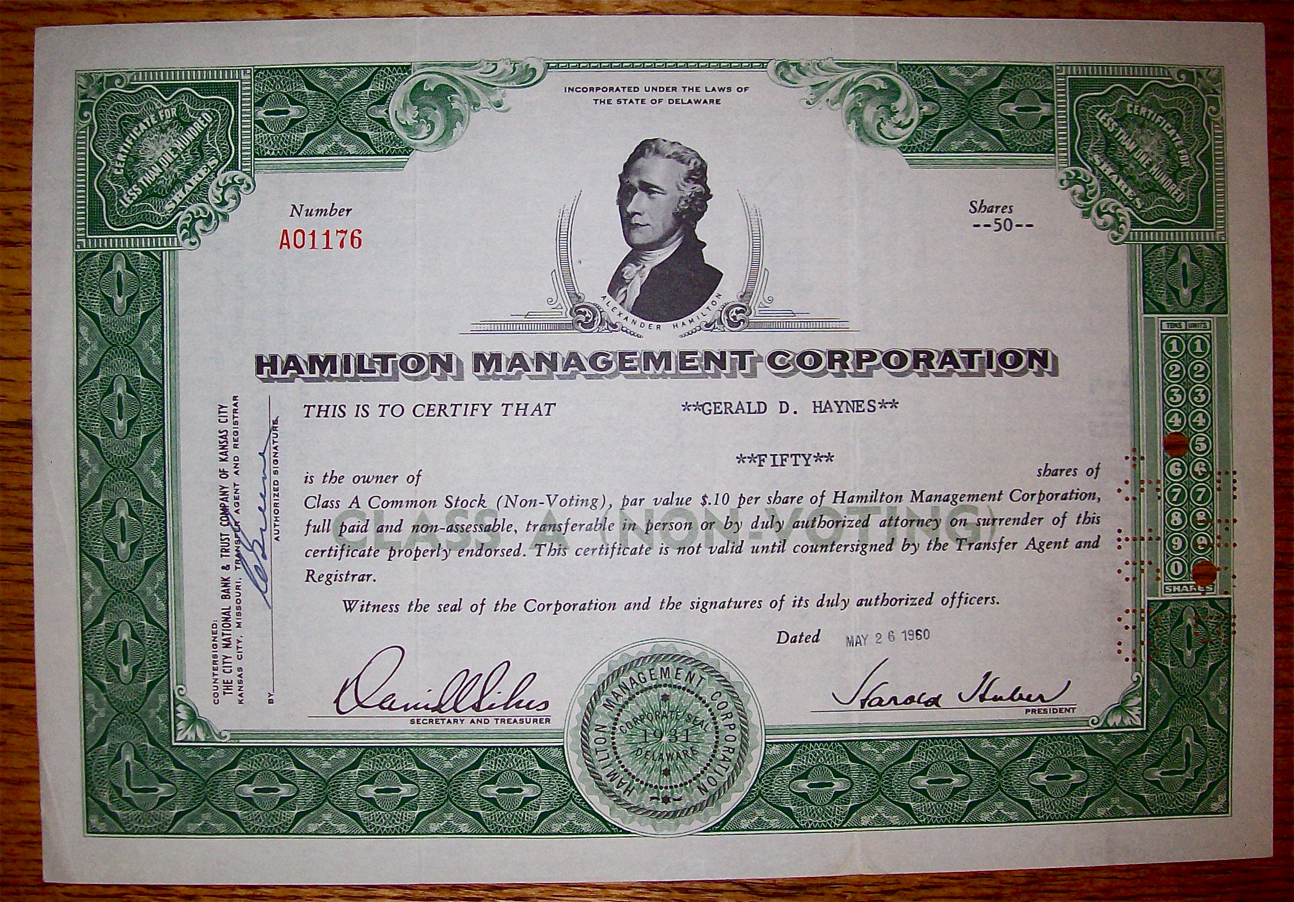1960 Hamilton Management Corporation Stock Certificate