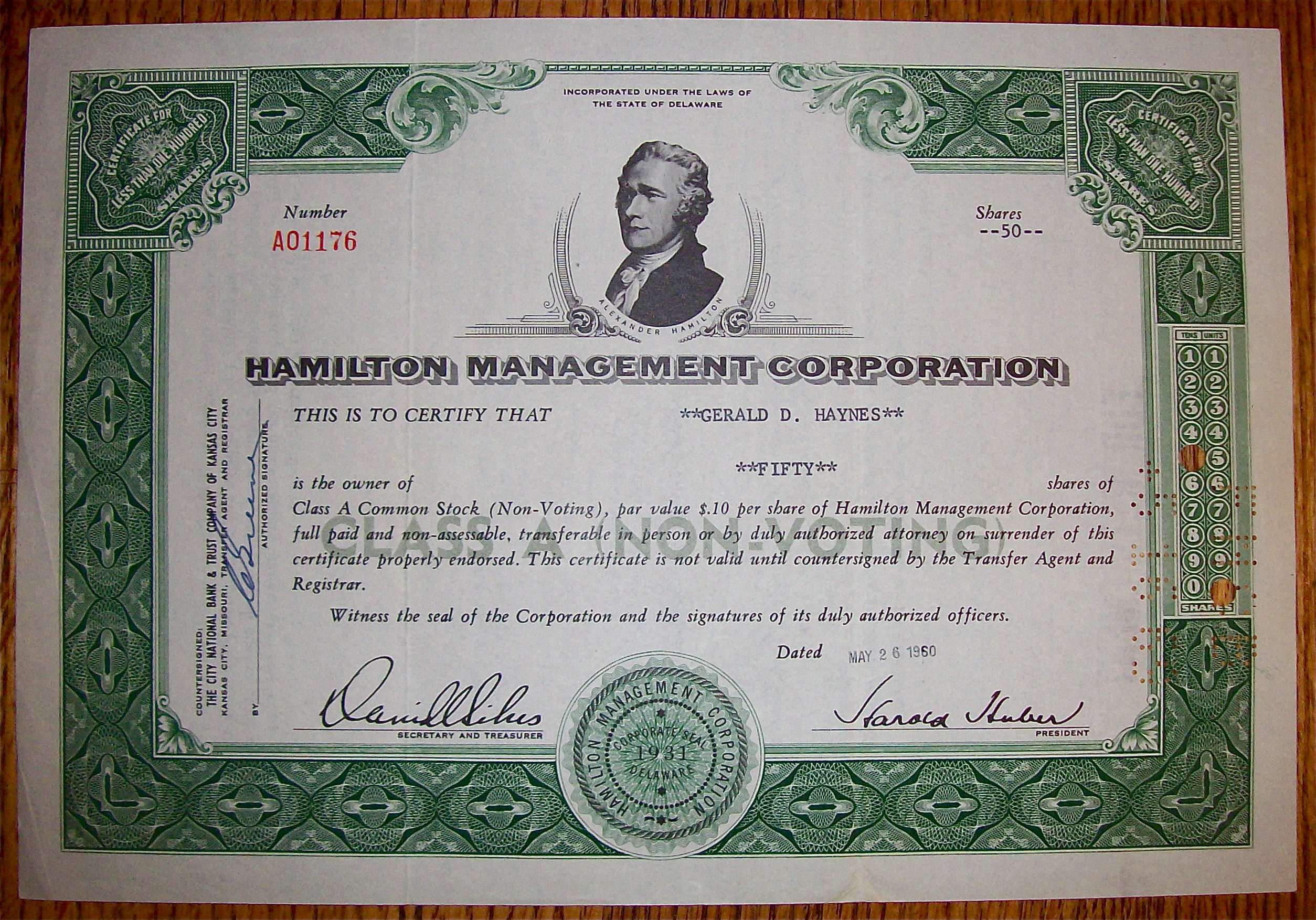 1960 Hamilton Management Corporation Stock Certificate
