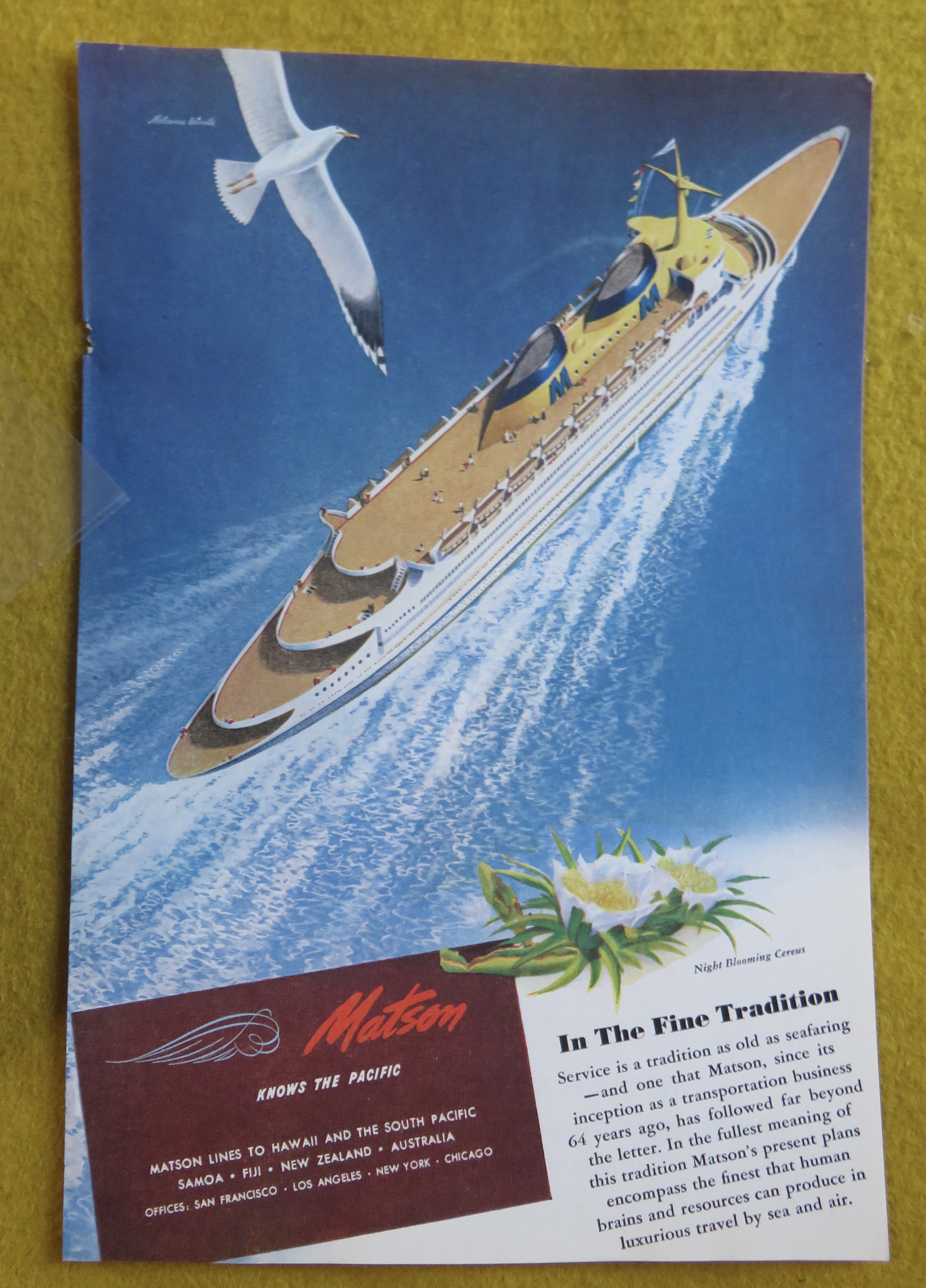 1946 Matson with Bird Flying Above Cruise Ship