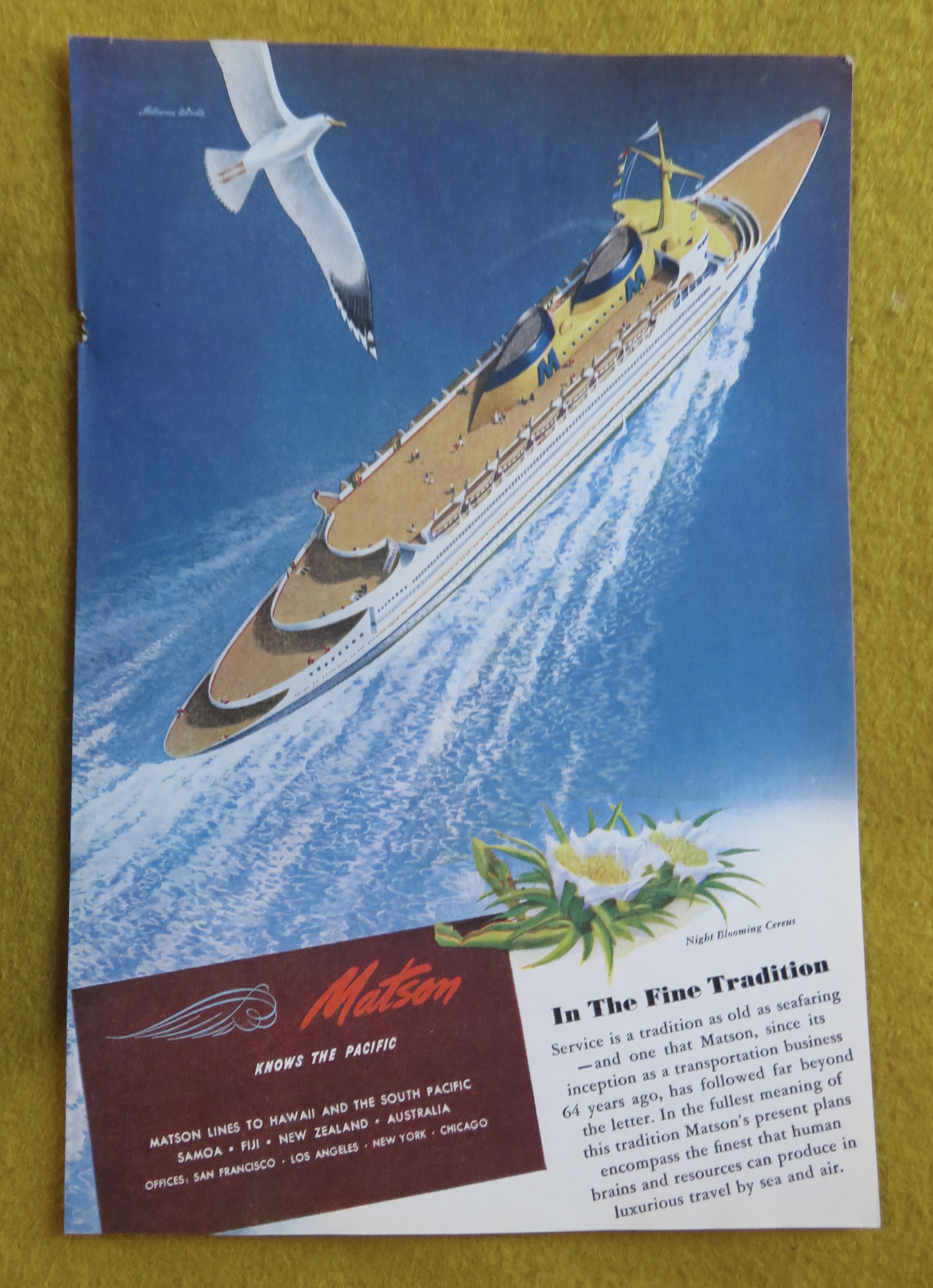 1946 Matson with Bird Flying Above Cruise Ship