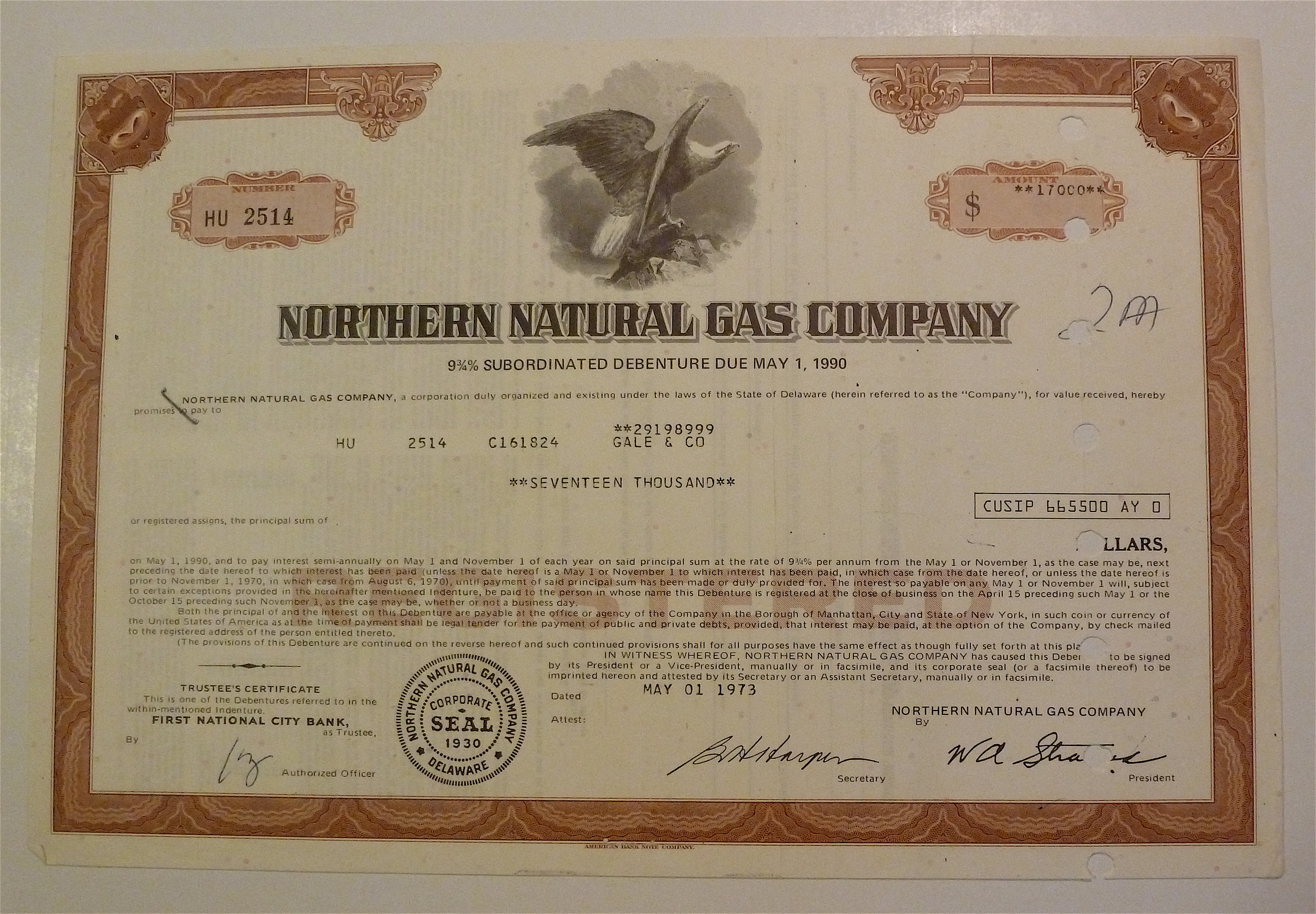 Northern Natural Gas Company Stock Certificate