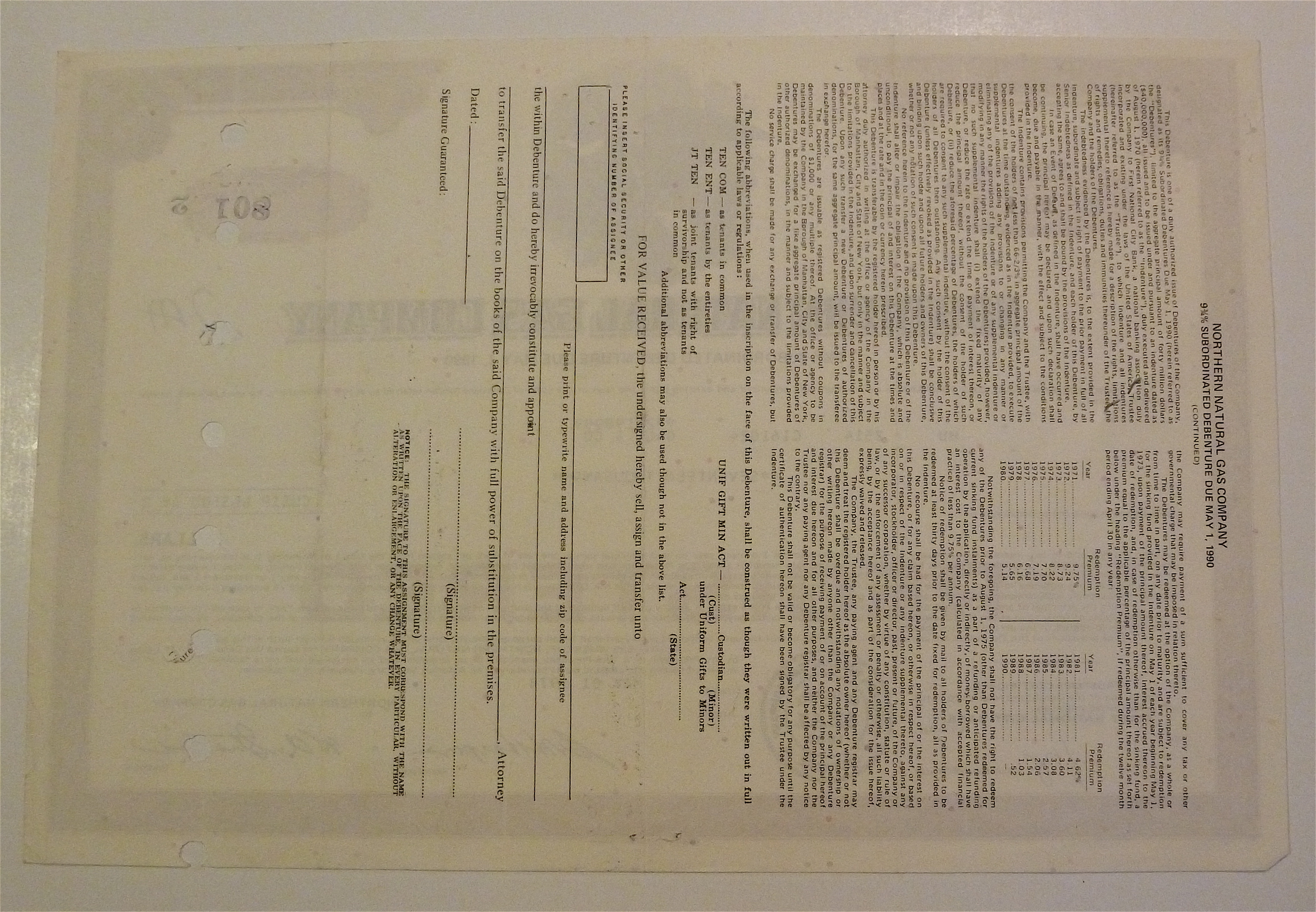 Northern Natural Gas Company Stock Certificate