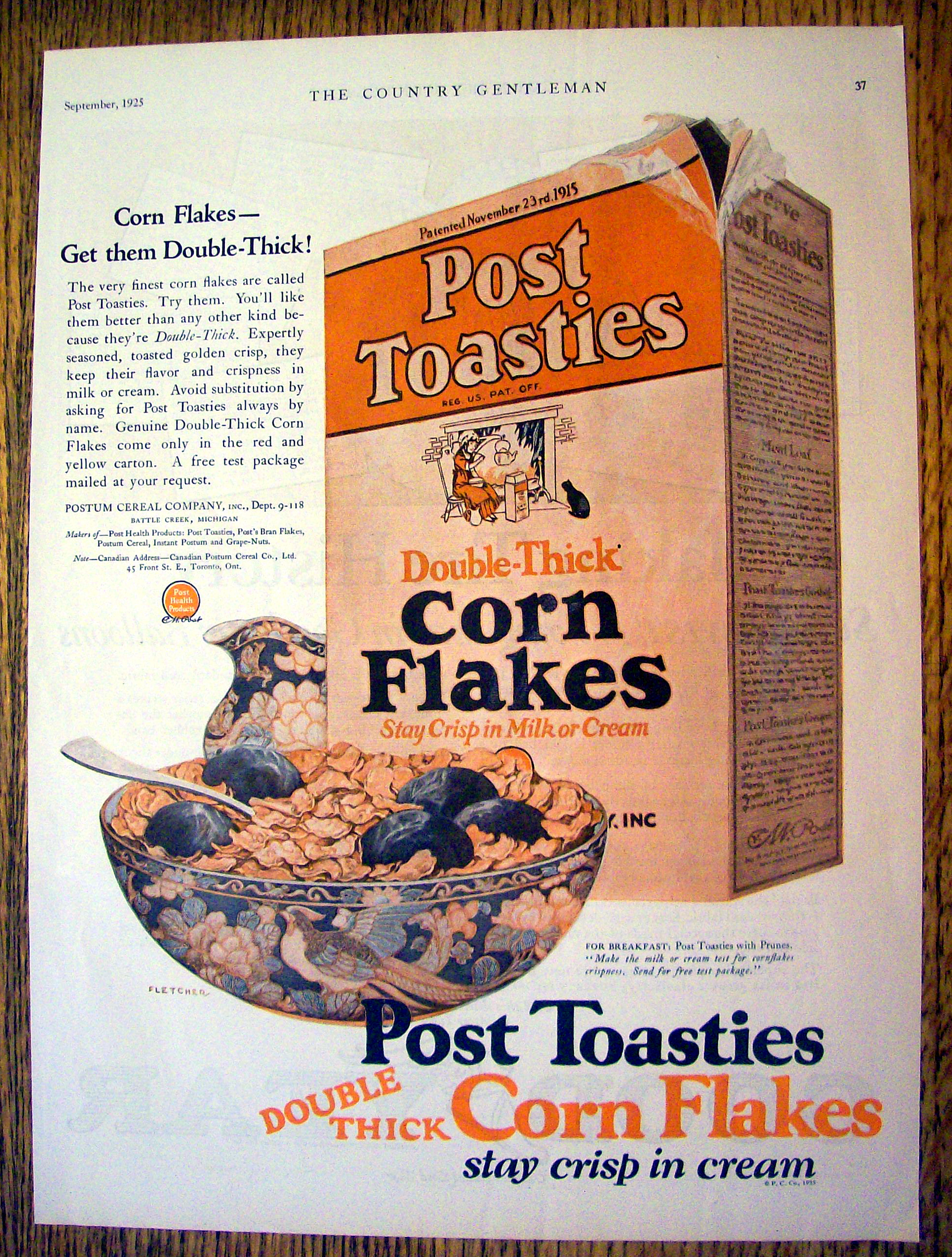 1925 Post Toasties Corn Flakes with Box of Cereal