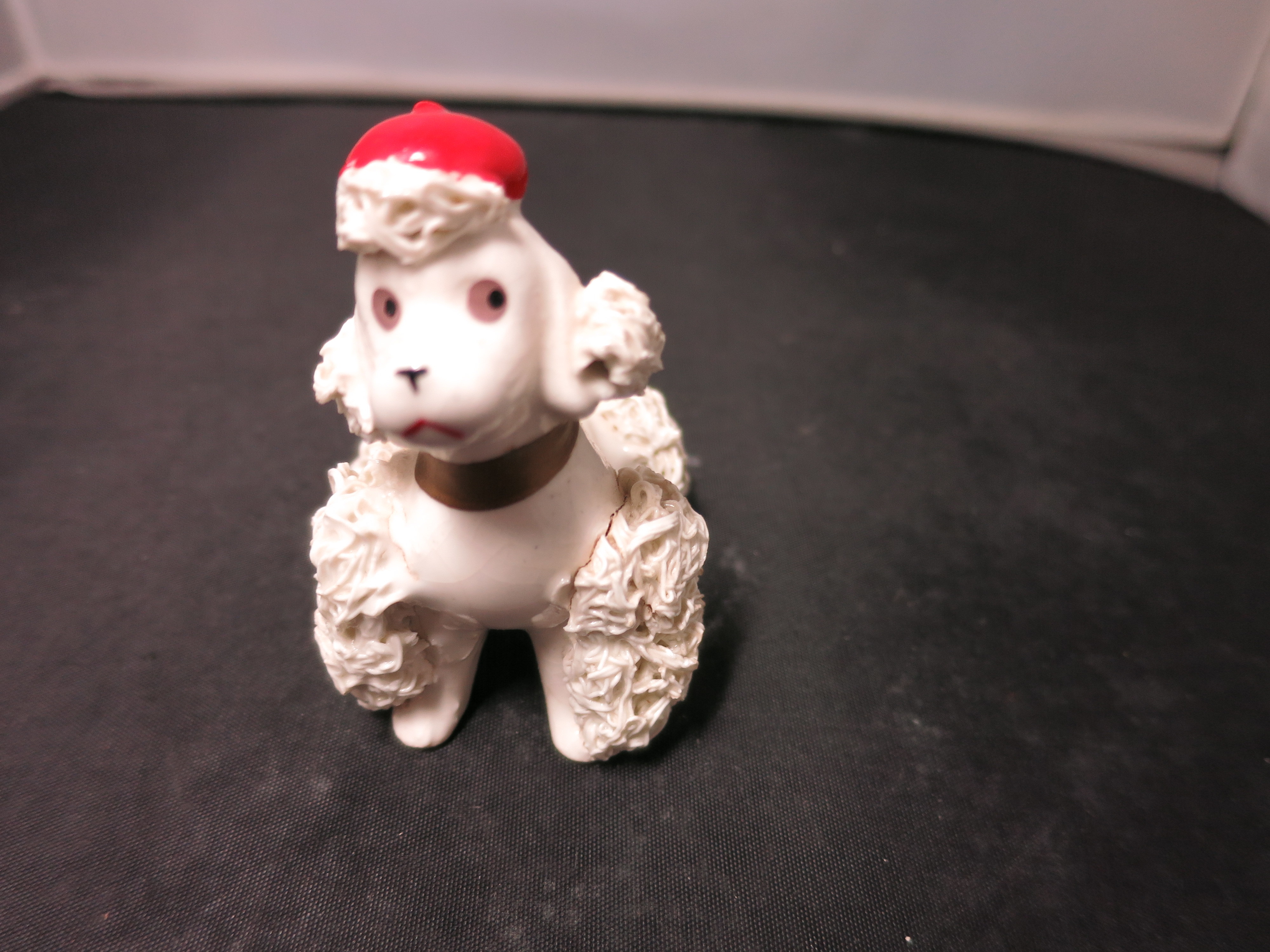 Vintage spaghetti Poodle Figurine Sitting with a Red Hat Japan