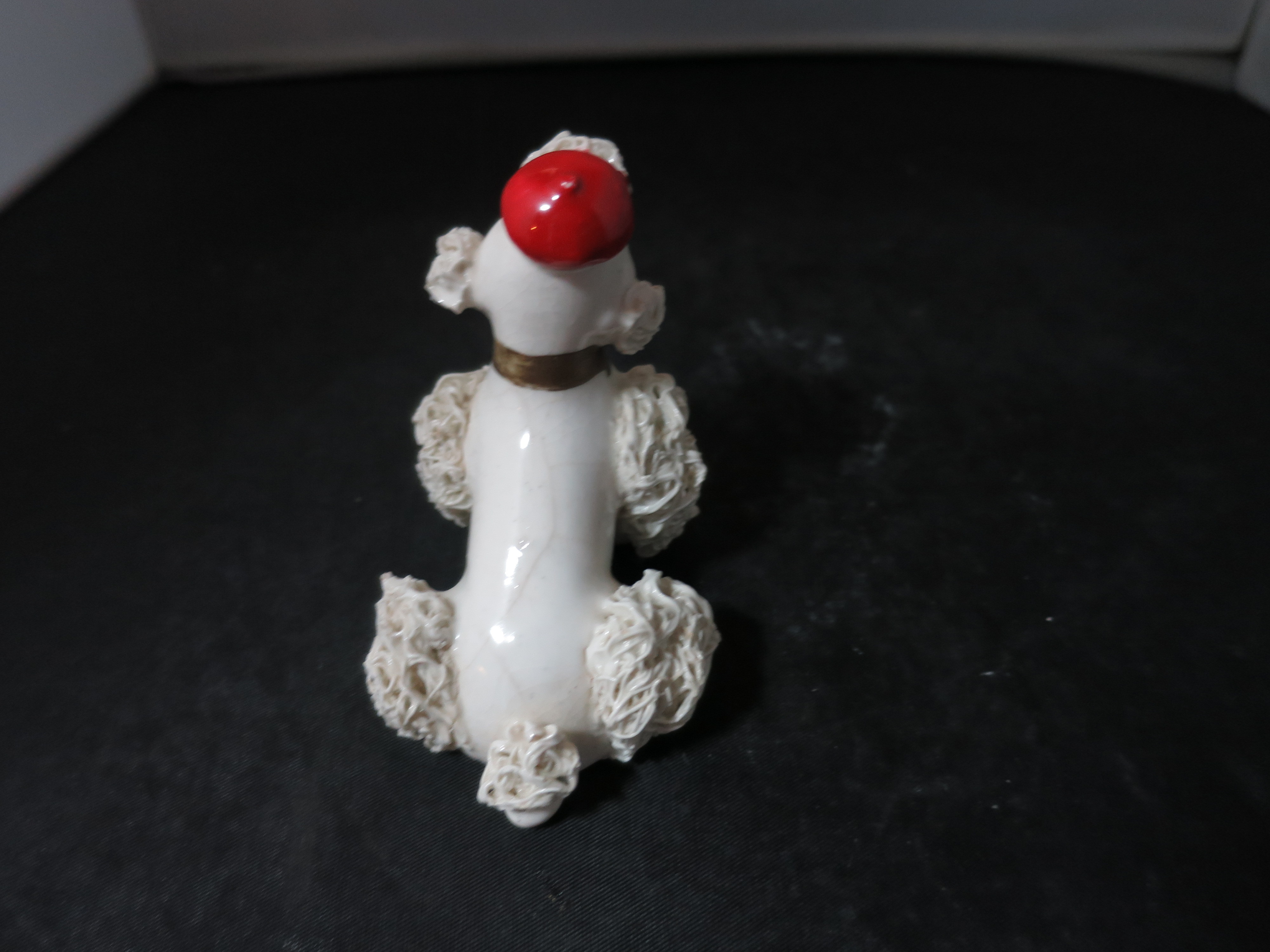 Vintage spaghetti Poodle Figurine Sitting with a Red Hat Japan