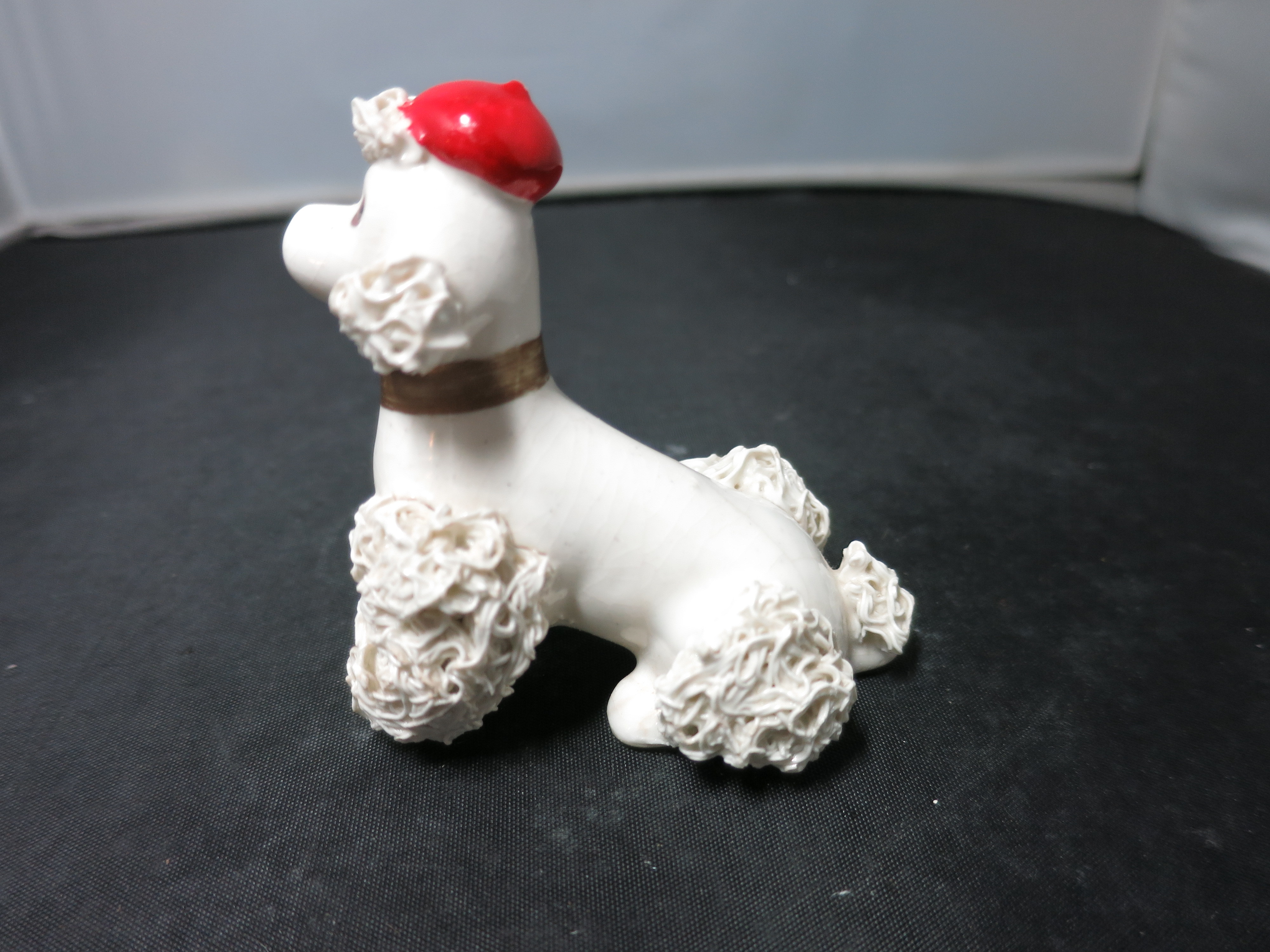 Vintage spaghetti Poodle Figurine Sitting with a Red Hat Japan