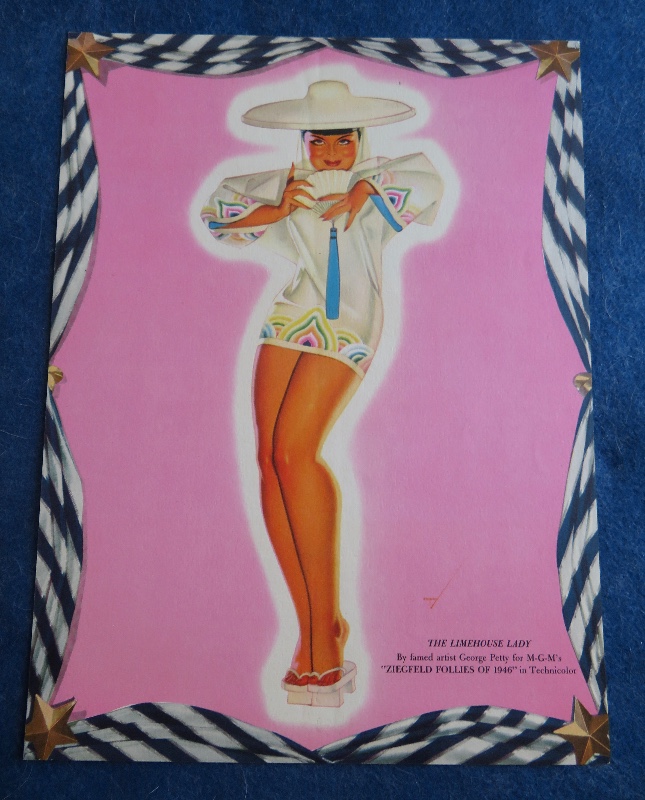 Original 1940's The Limehouse Lady Pin Up Girl Wearing A White Shirt & Sombrero Holding A Hand Fan By George Petty