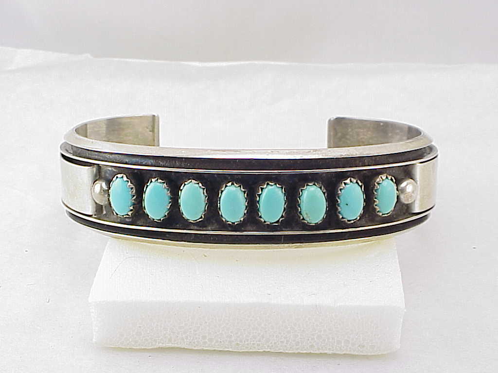 Native American Sterling Silver Turquoise Cuff Bracelet Signed Mj