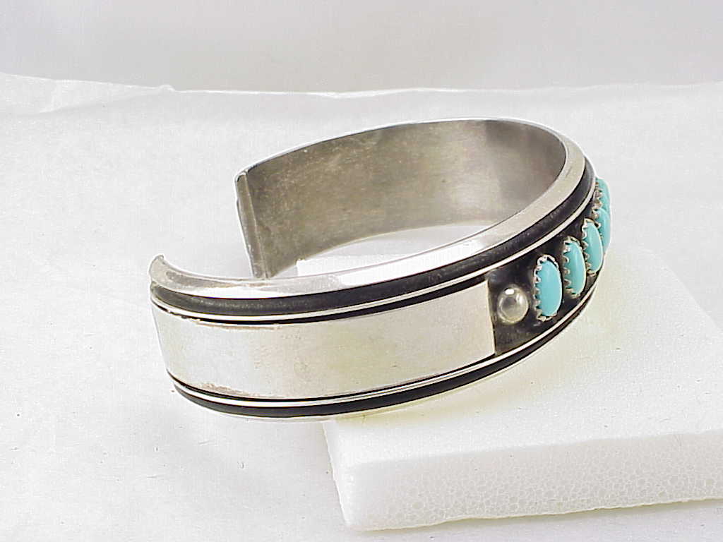 Native American Sterling Silver Turquoise Cuff Bracelet Signed Mj