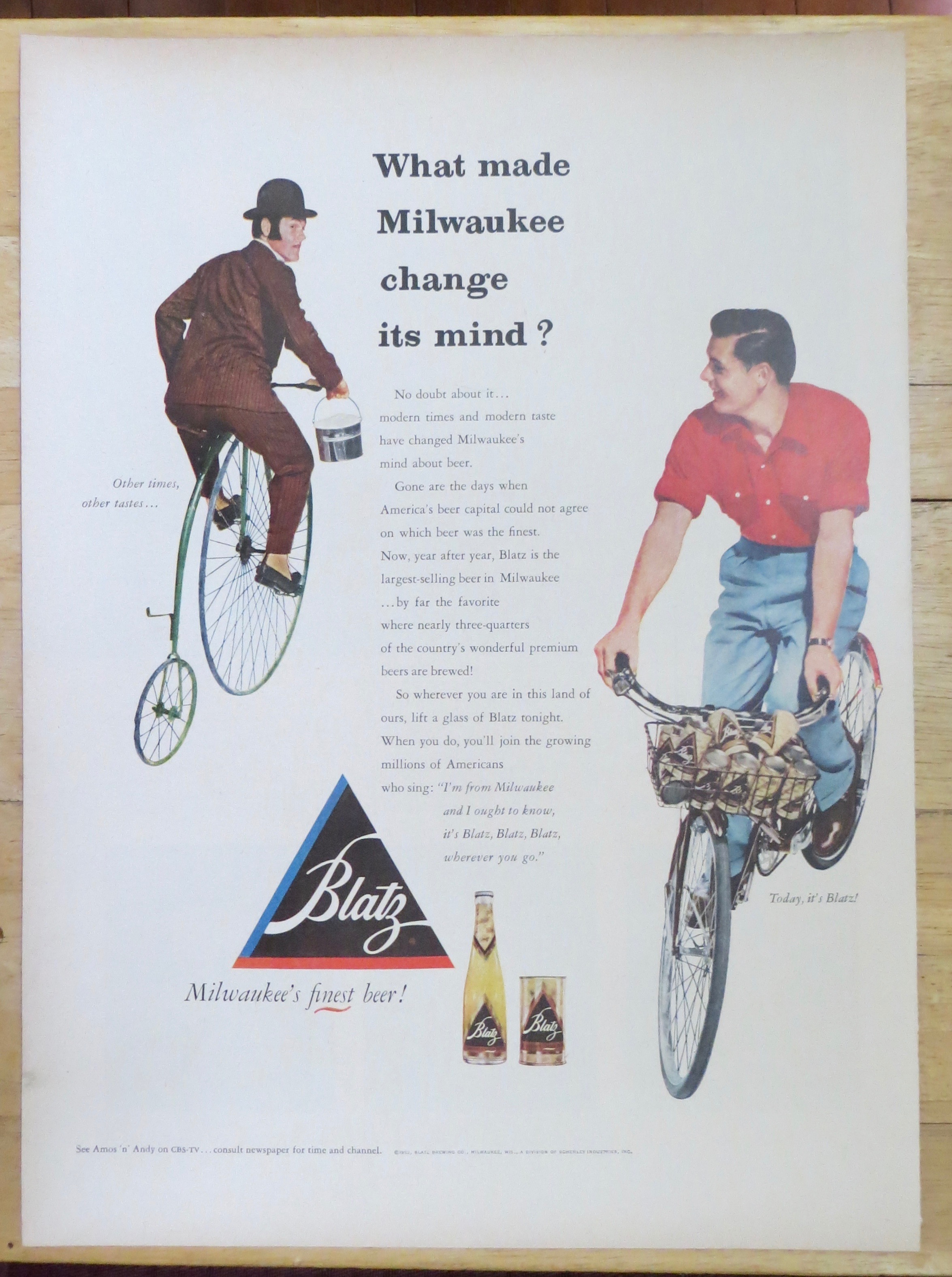 1952 Blatz Beer w/ 2 Different Men on 2 Different Bikes