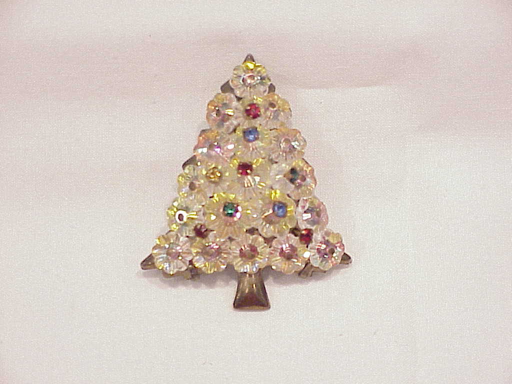 Vintage Rivoli Crystal Glass Bead And Rhinestone Christmas Tree Brooch