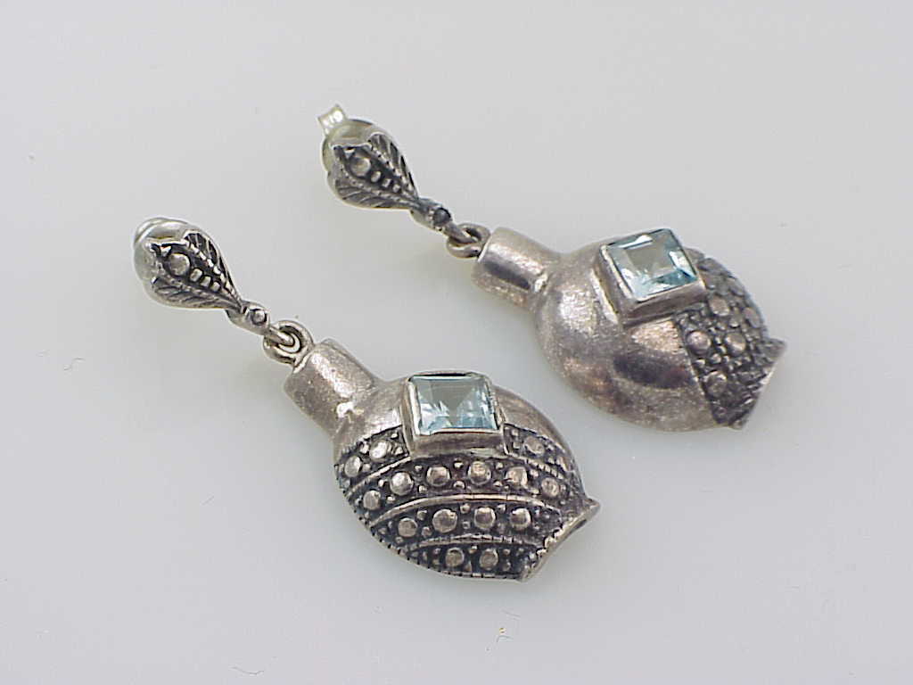 Dangling Signed Sterling Silver Bottle Blue Topaz Pierced Earrings